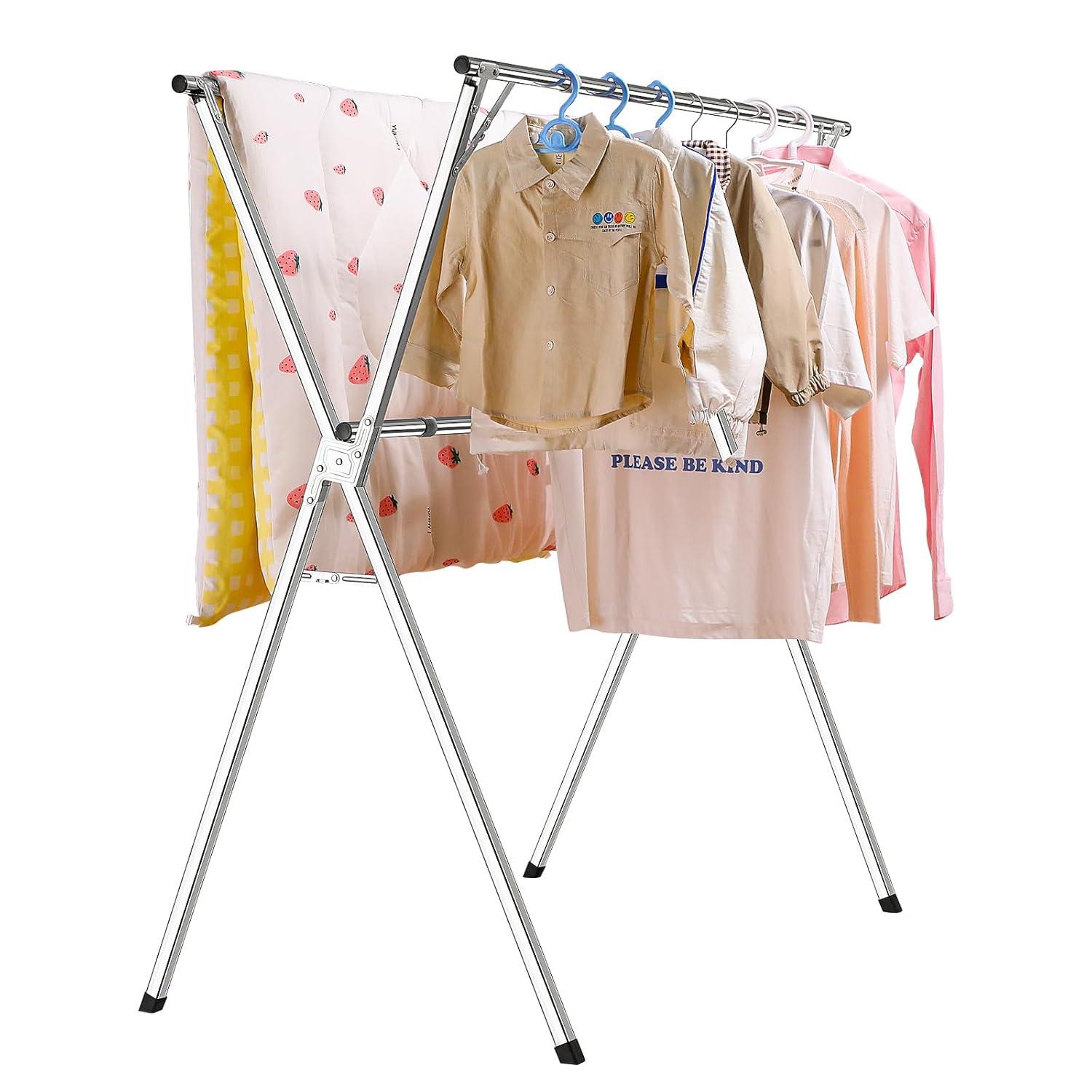 funest Drying Rack Clothing, 79 Inches Adjustble & Foldable Laundry Drying Rack, Heavy Duty Stainless Steel Clothes Drying Rack with 20 Hooks, 12 Clips, Suitable for Indoor, Outdoor and Balcony