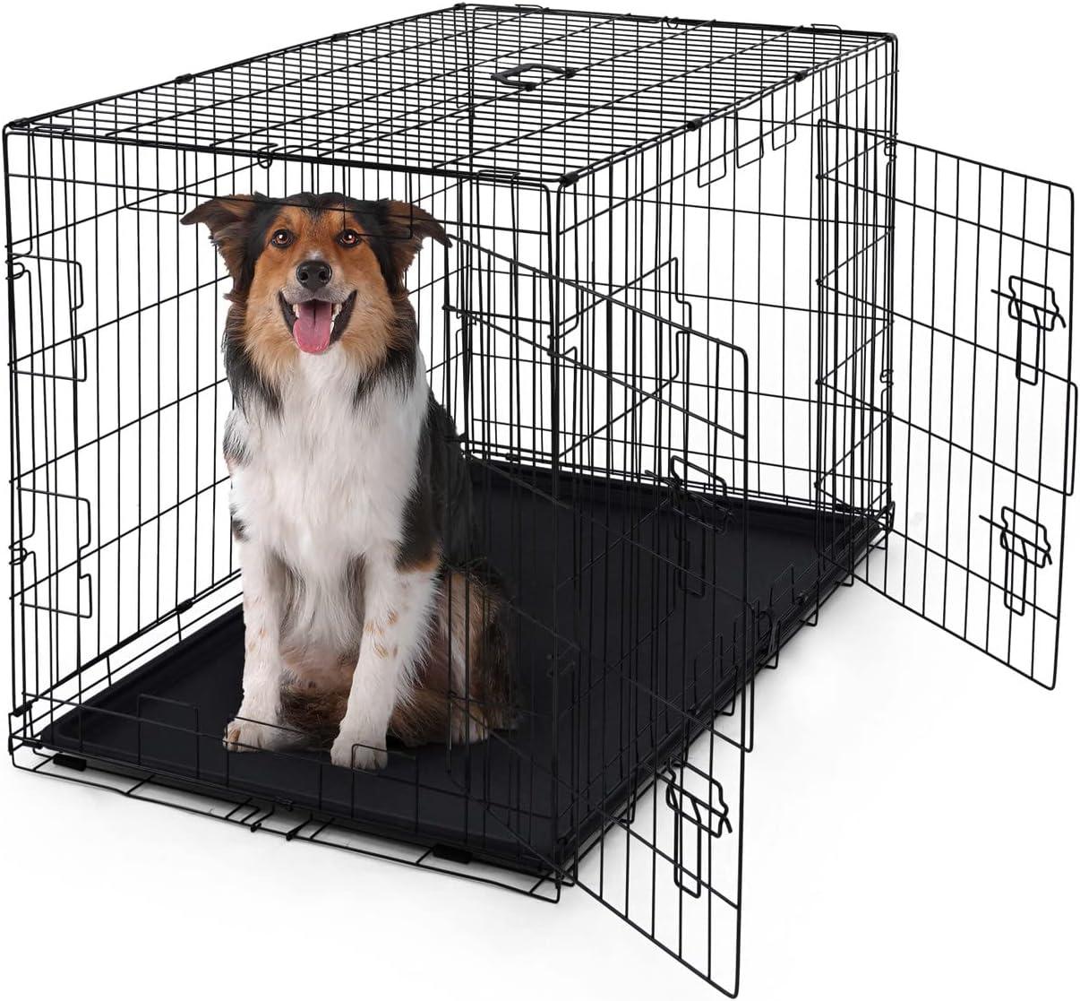 CAPHAUS Foldable Dog Crate Kennel w/Leak-Proof Pan & Divider Panel, Metal Crate, Small, Medium & Large Dog Crate Indoor Wire Cage, 42' w/Double Doors, Black