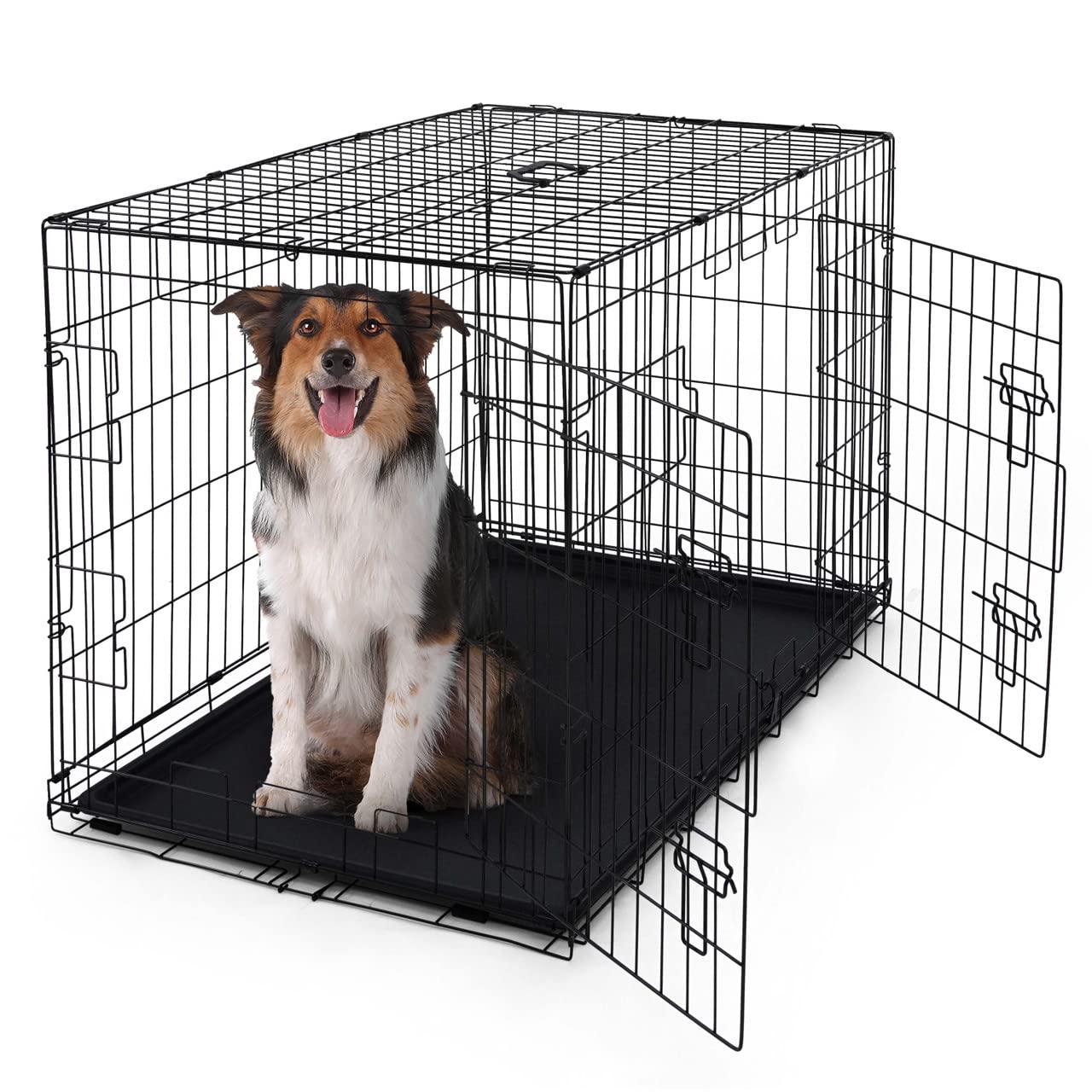 CAPHAUS Foldable Dog Crate Kennel w/Leak-Proof Pan & Divider Panel, Metal Crate, Small, Medium & Large Dog Crate Indoor Wire Cage, 42' w/Double Doors, Black