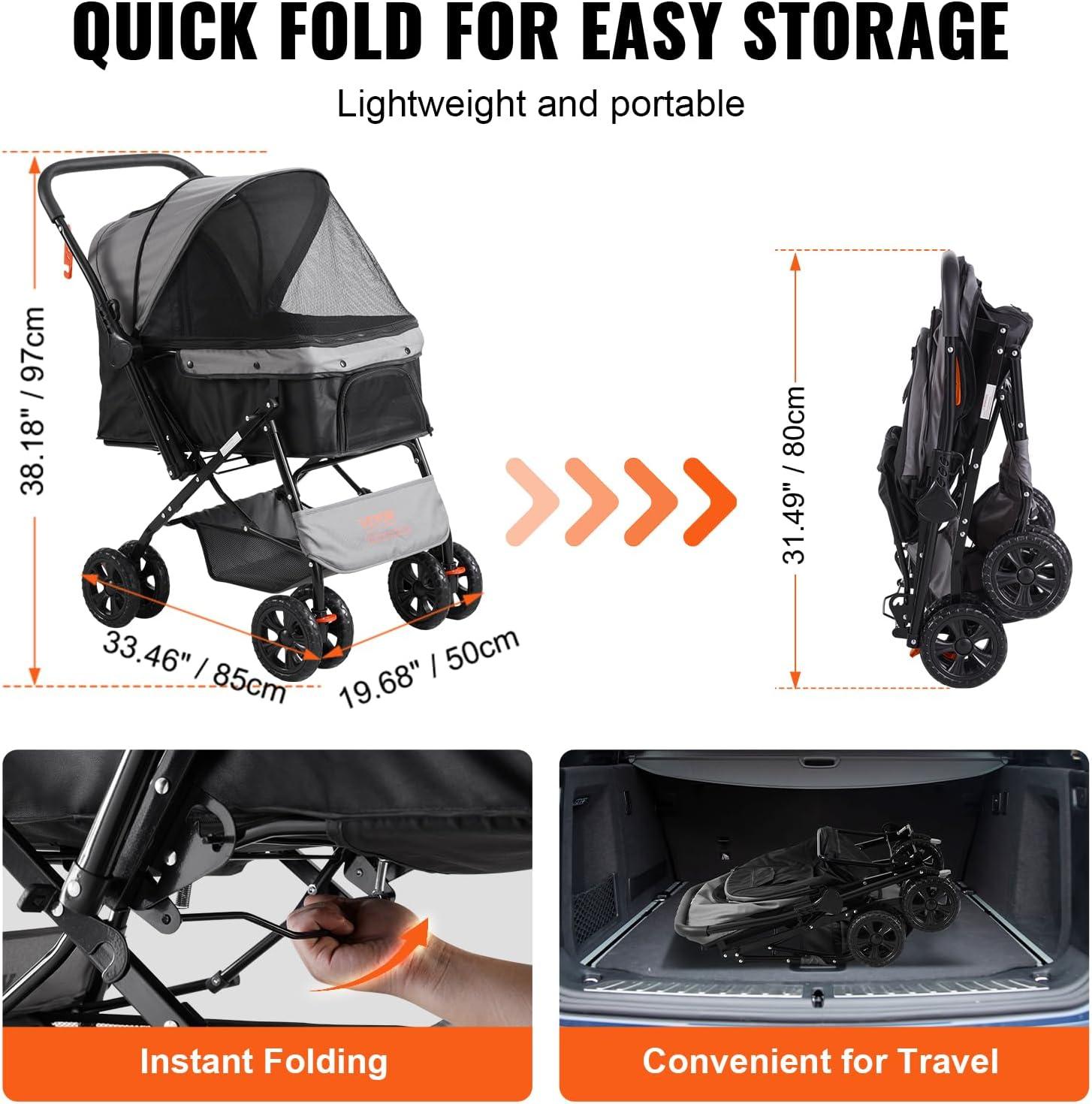 VEVOR Foldable Black and Gray Pet Stroller with Reversible Handle