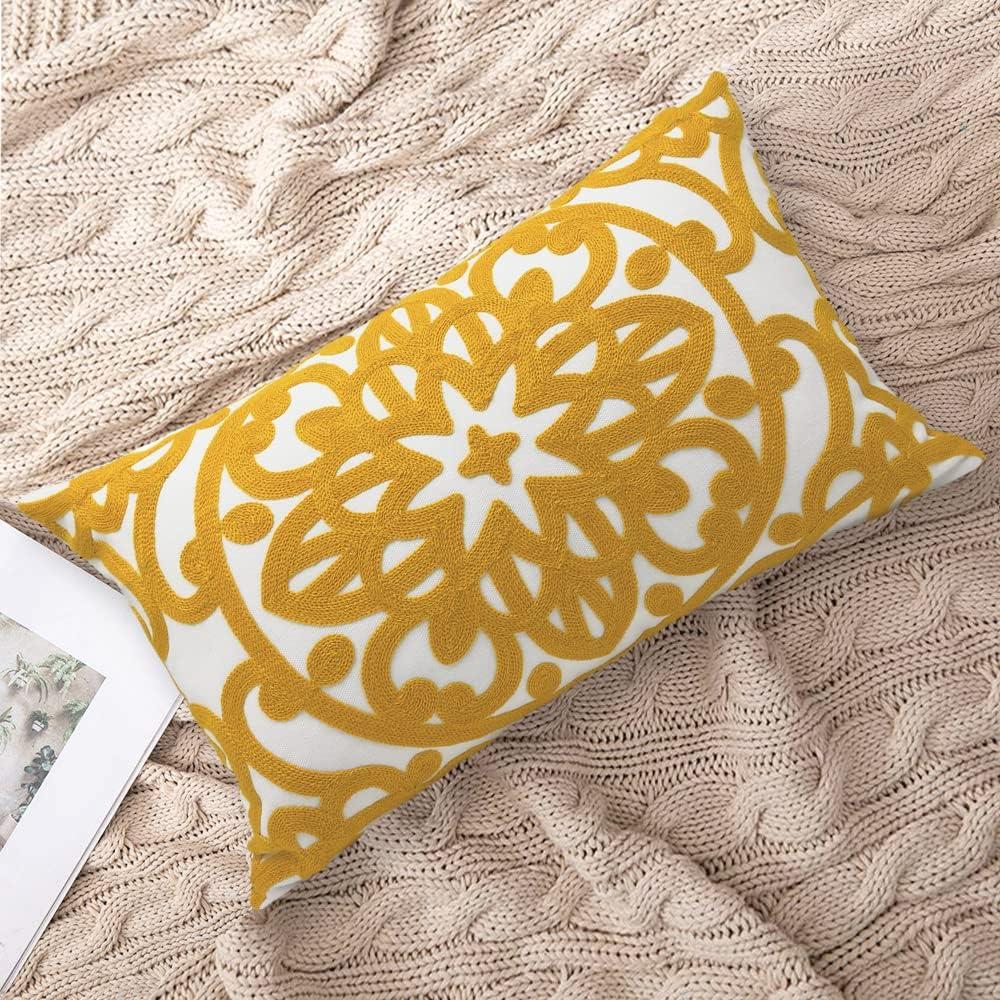 Mustard Yellow Cotton Embroidered Lumbar Pillow Cover 12" x 20"