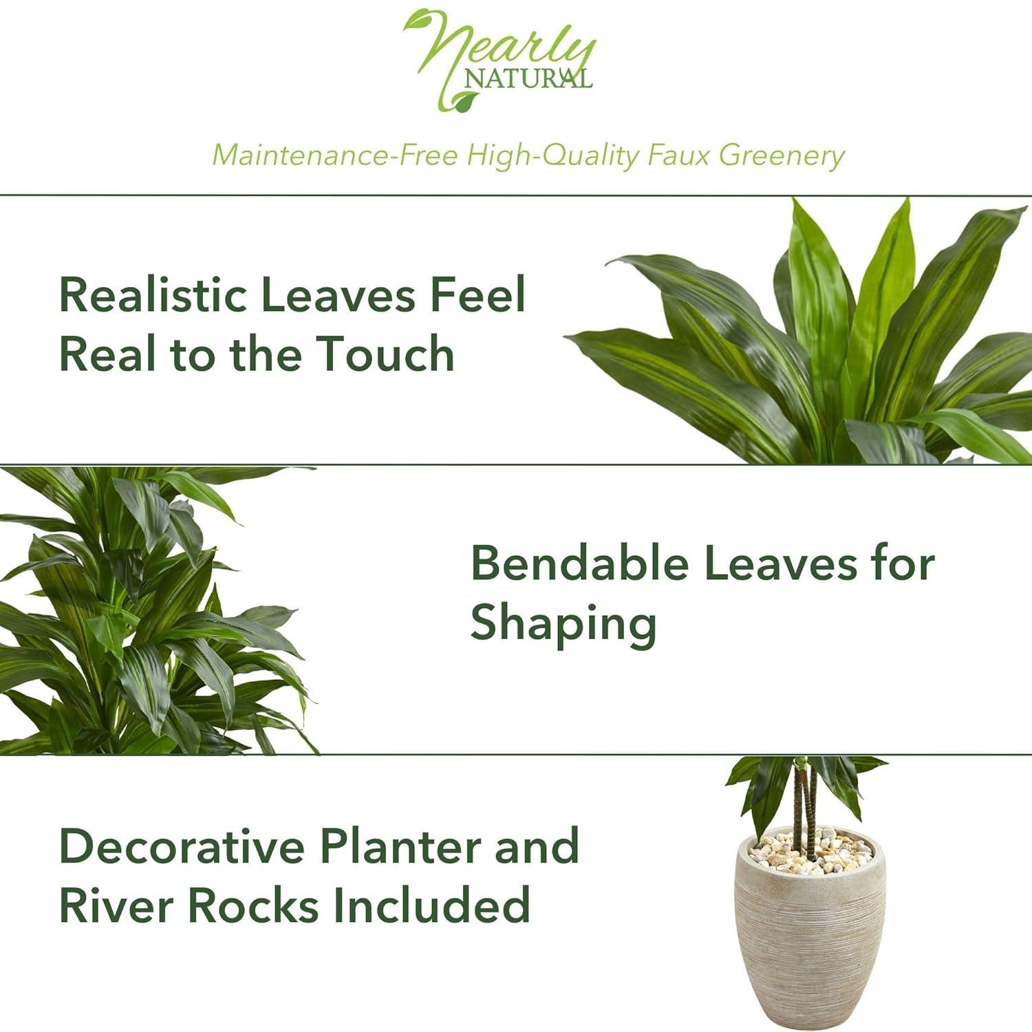 Nearly Natural 4-ft Artificial Dracaena Plant in Sand Colored Planter (Real Touch)