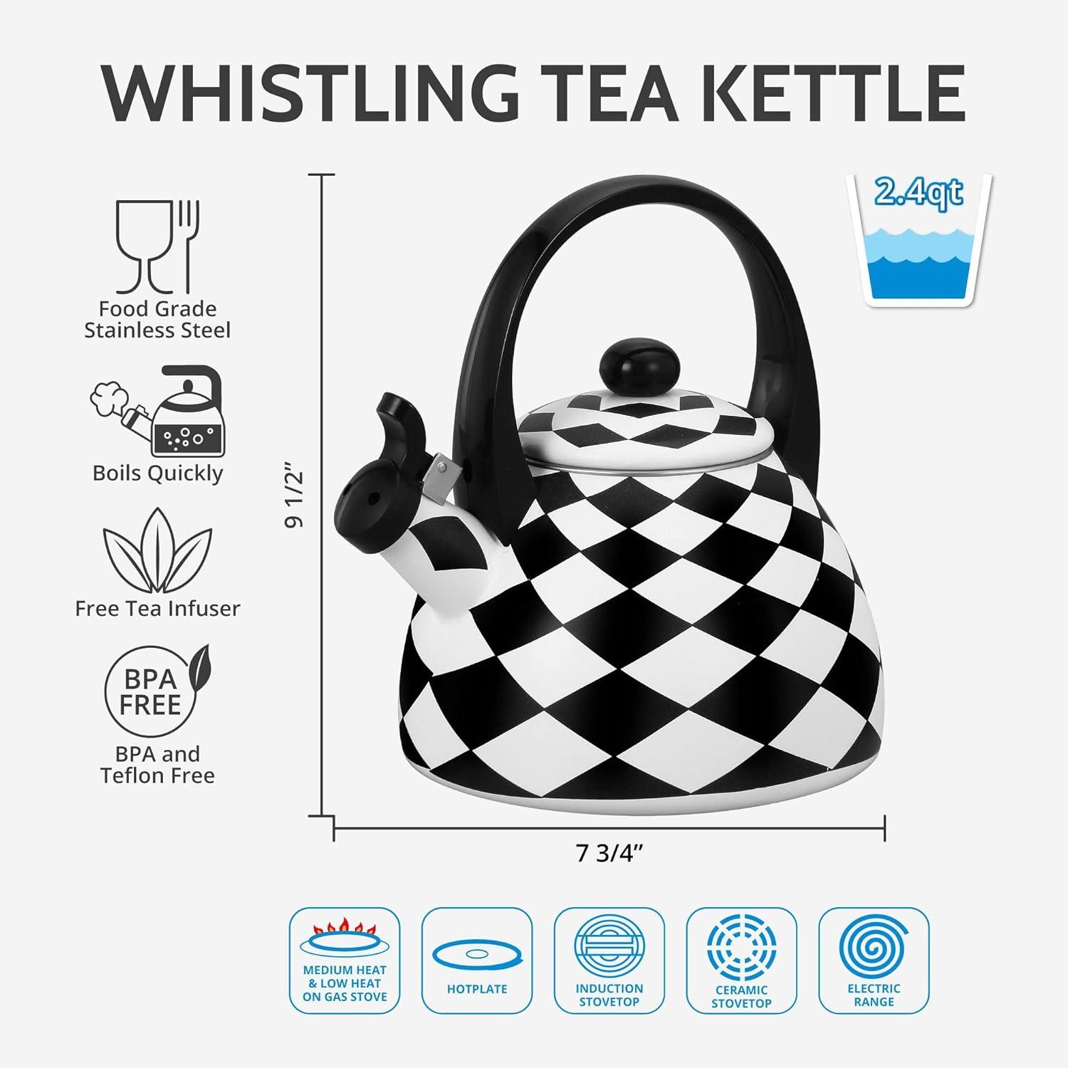 Black Diamond Enamel Whistling Tea Kettle with Checkered Pattern