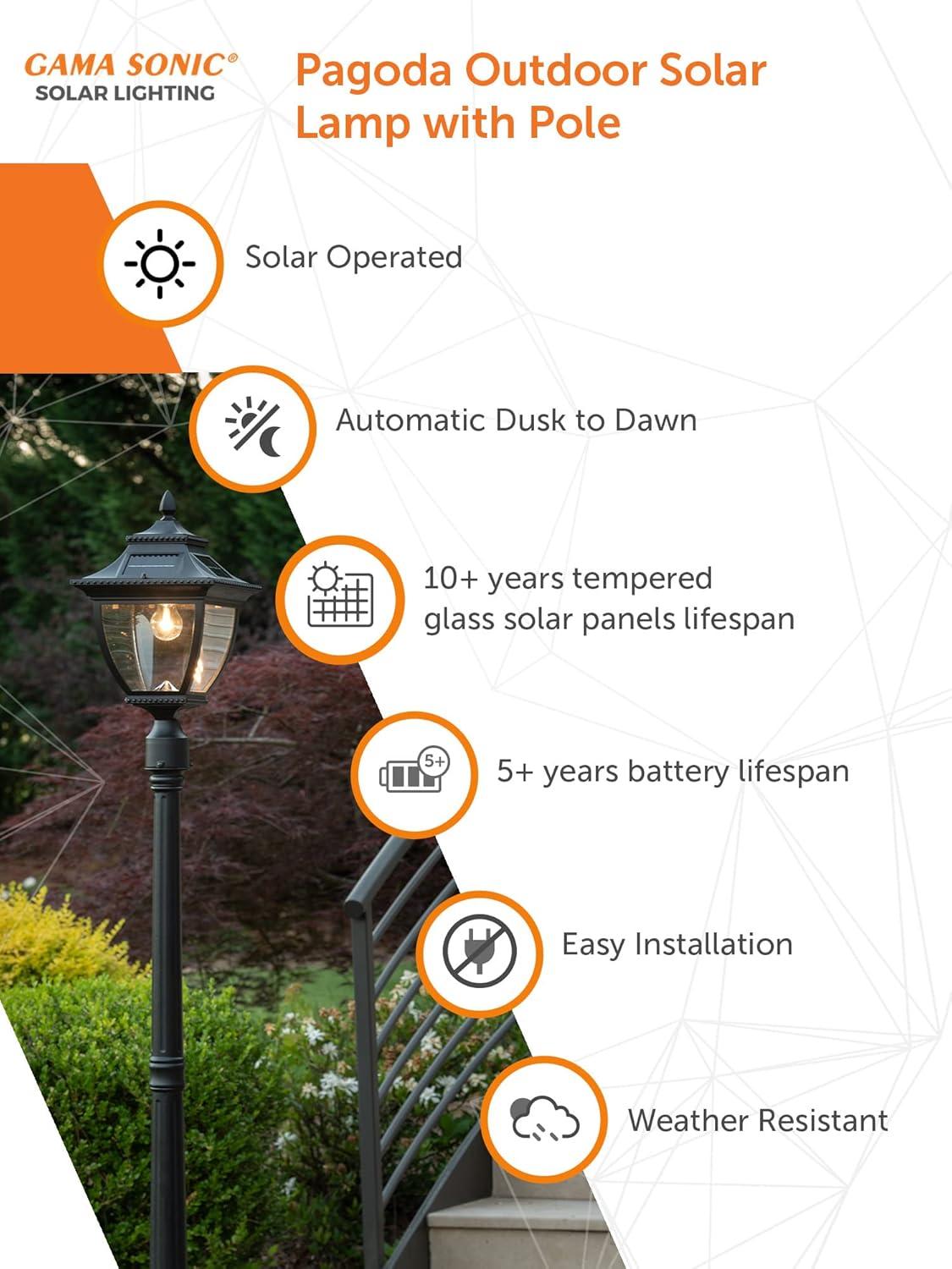 Gama Sonic Pagoda Solar Post Light for Outdoors, Asian-Style Design, Black Aluminum with Glass, Warm White Light 2700K 104B001 (Upgraded Battery and Panel)