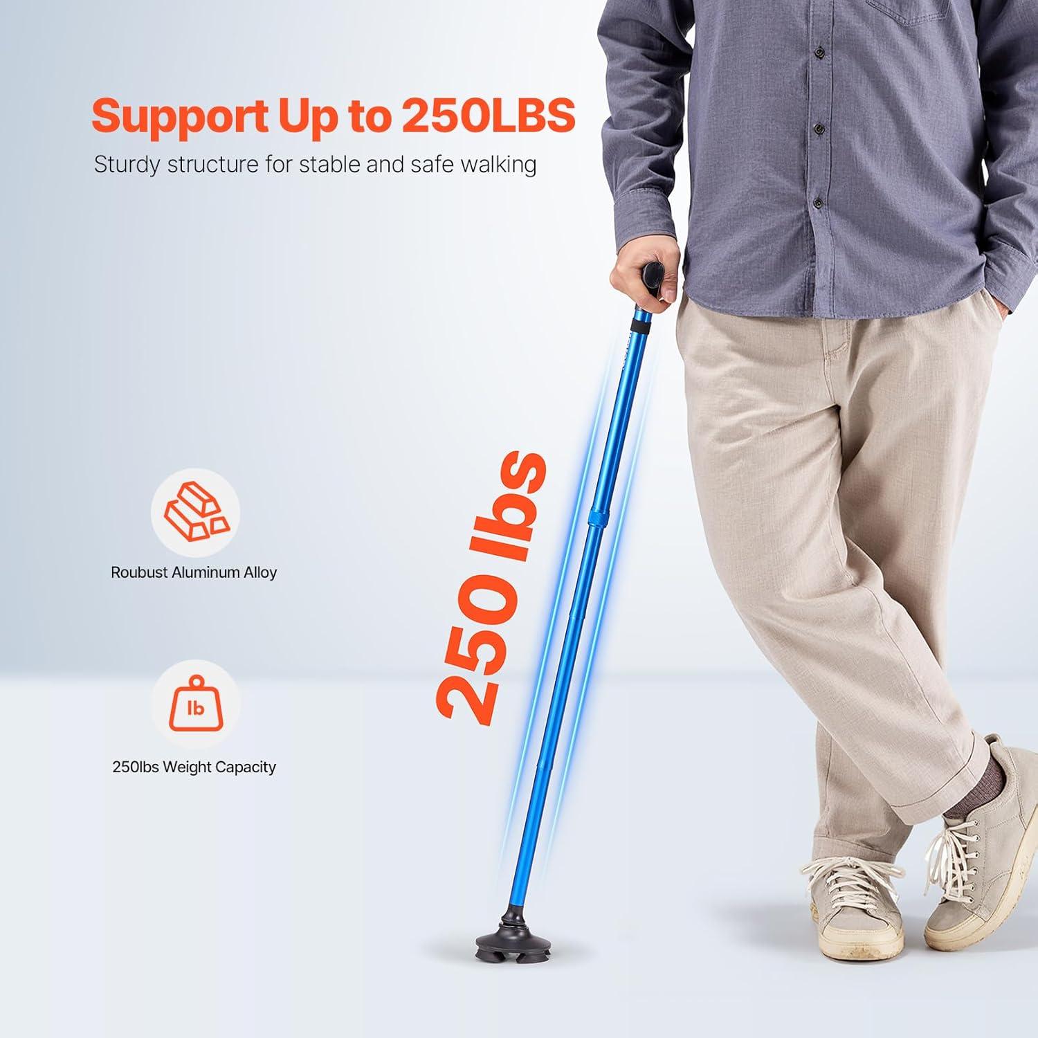 VEVOR Walking Cane for Man Woman, Folding Walking Stick with 8-Level Adjustable Height, 4-Pronged Pivoting Base, Lightweight & Portable Aluminum Mobility Aid for Seniors Adults, 250LBS Loading(Black)