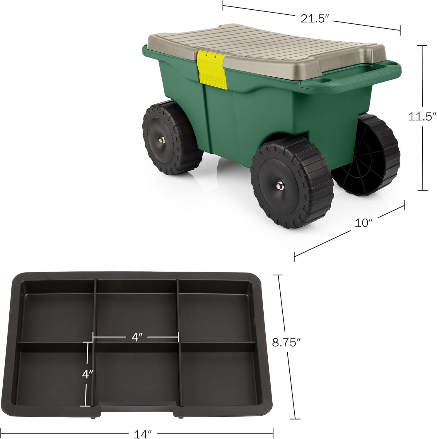 Green Rolling Garden Cart with Seat and Storage