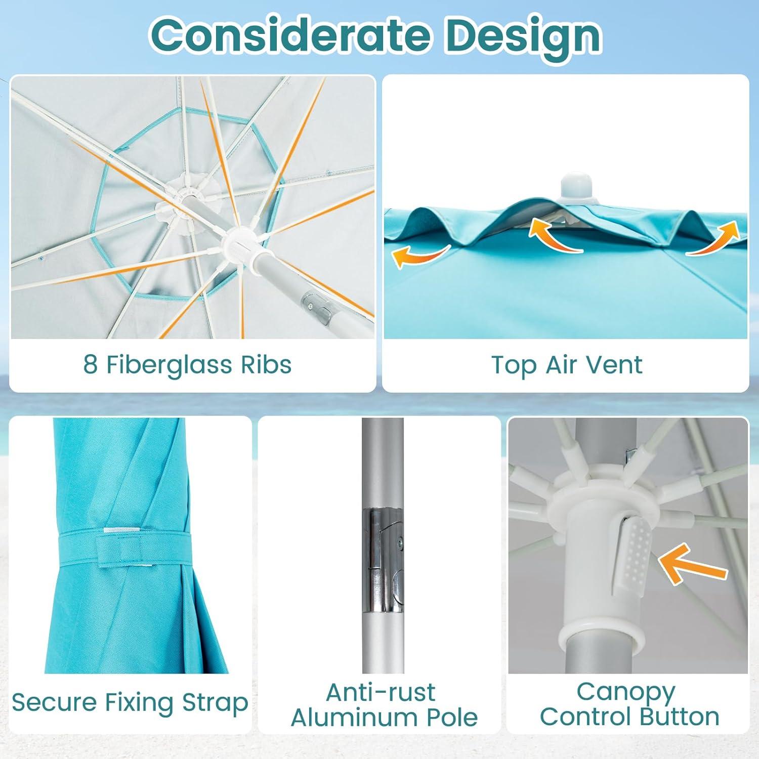 Yardi Yard 6.5 Feet Beach Umbrella with Sun Shade and Carry Bag without Weight Base-Blue, Travel Beach Umbrella, Beach Umbrellas for Sand Heavy Duty Wind Portable Beach Umbrella