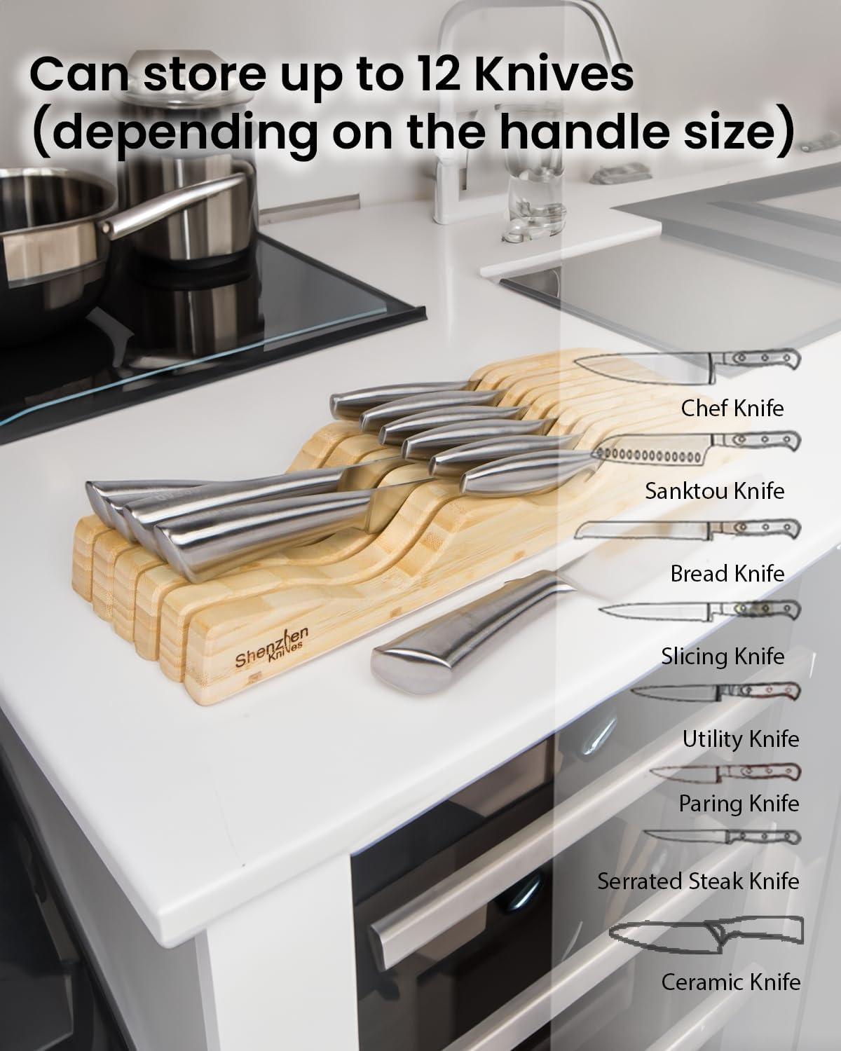 Knives Large In-Drawer Knife Block: 11 Slot (Holds 10-15 Knives) Empty Wooden Knife Holder for Kitchen Drawers