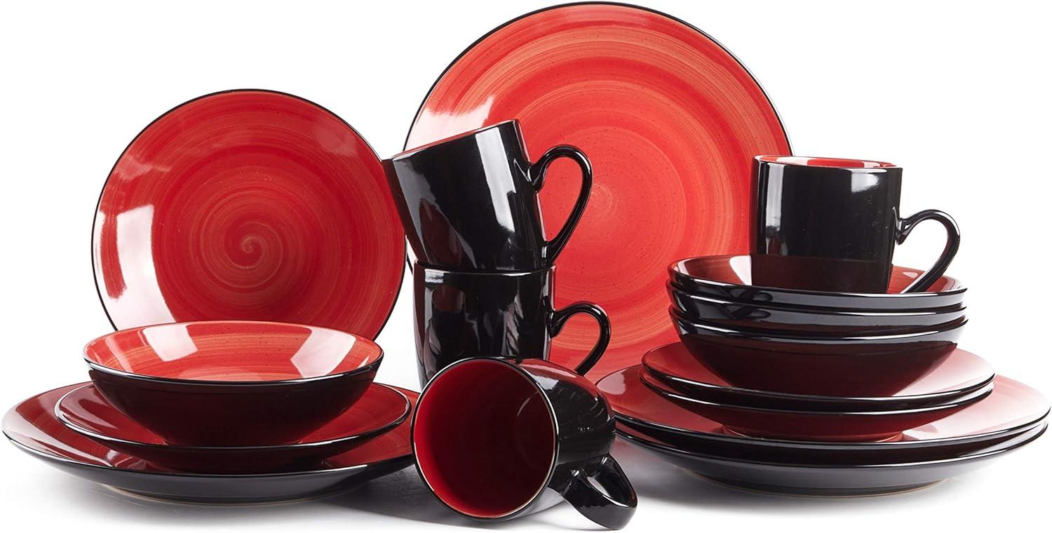 Bestone 16 Piece Dinnerware Set, Stoneware, Chip Resistant, Dinnerware Sets, Plates, Dishes, Bowls, Service for 4, Square，Red and Black