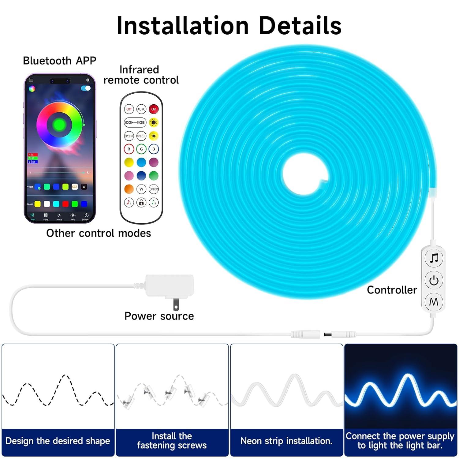 LED Neon Rope Lights, 16.4ft RGB LED Light Strip, 24V Music Sync App/Remote Control DIY Rope Light, IP67 Waterproof Gaming LED Neon Strip Lights for Bedroom Indoor Oudoor Décor