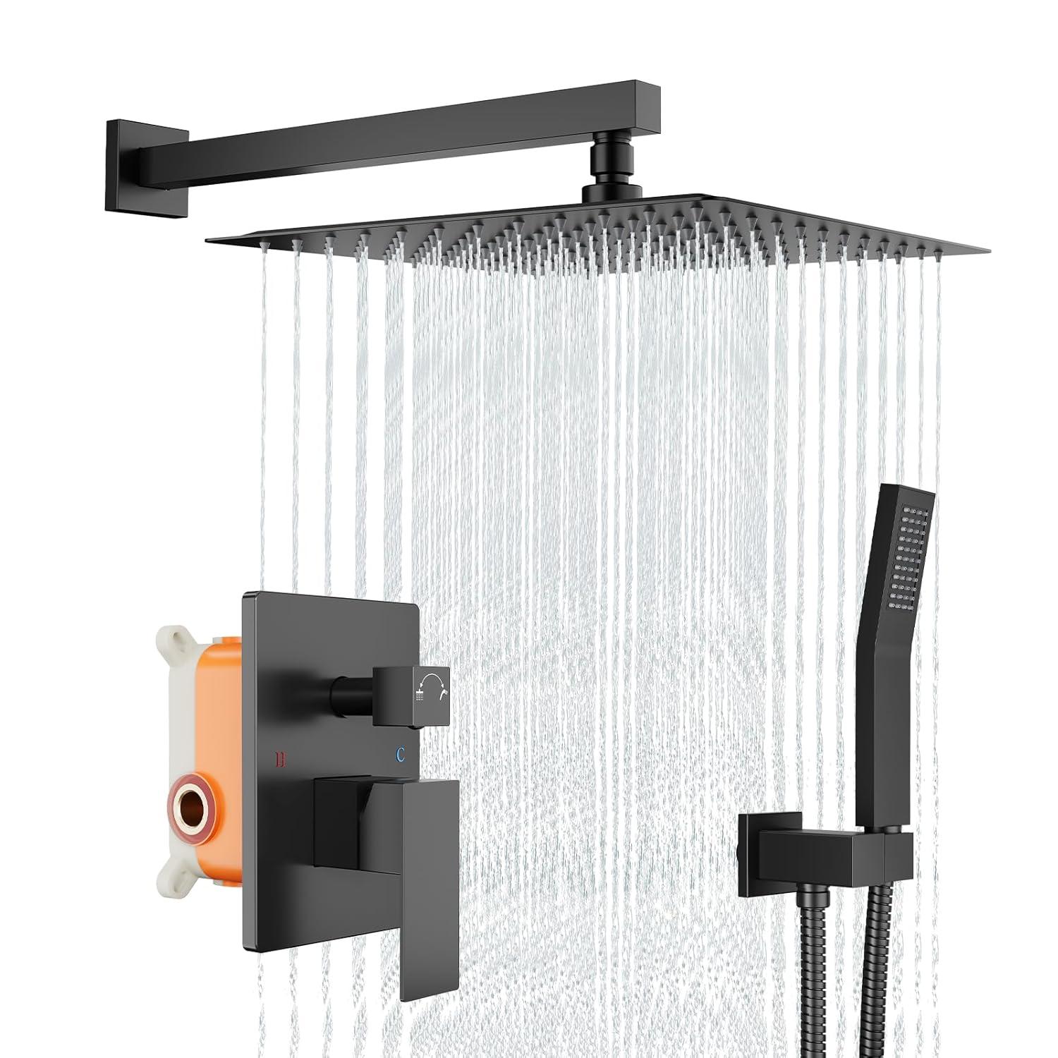 Bathroom Shower Faucet Set, 12 Inch Rainfall Shower Head With Handheld Combo, Wall Mounted Shower System Shower Fixtures With Pressure-Balanced Valve,