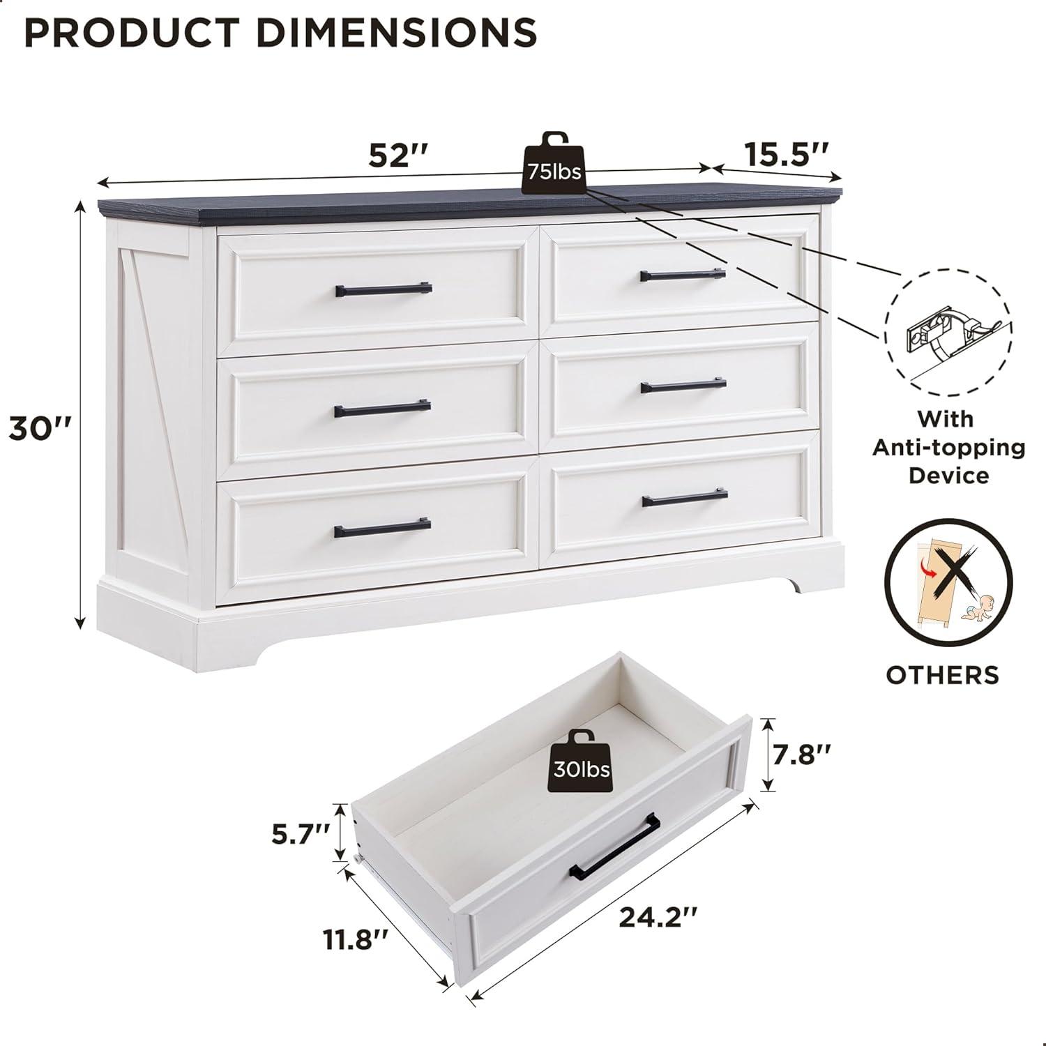 Lark Manor™ Ursula 52"W Farmhouse 6 Wide Drawer Dresser, Bedroom Chest of Drawers With Anti-Tip Design