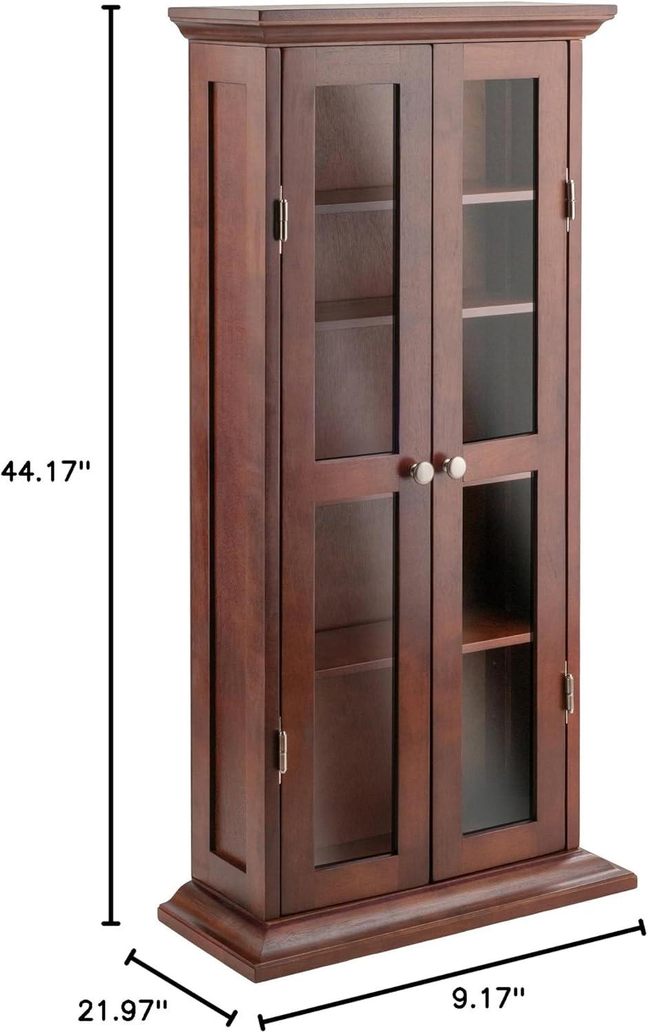 Dvd-Cd Cabinet - Antique Walnut - Winsome: Multimedia Storage, Glass Doors, 4 Adjustable Shelves