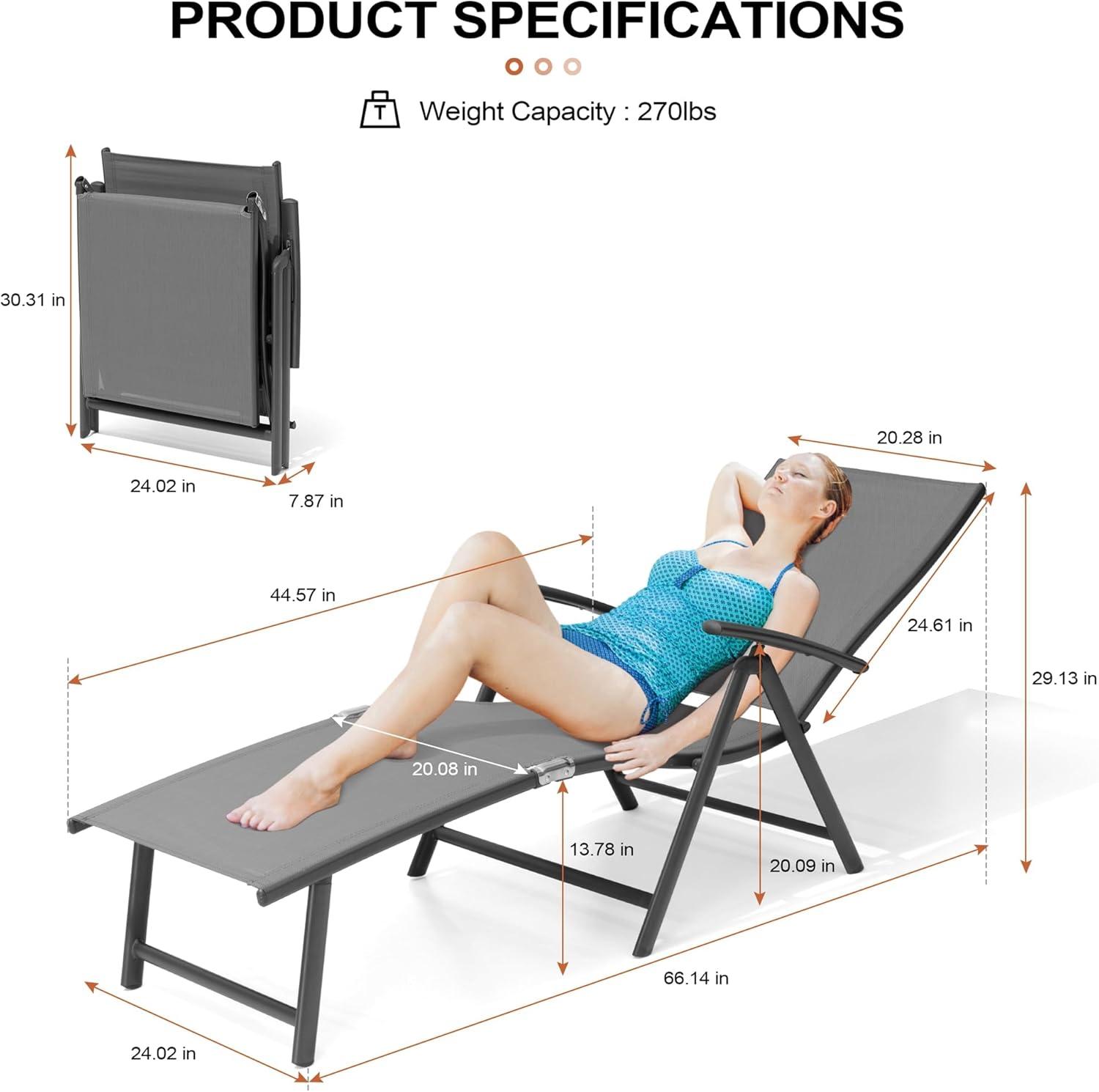 Crestlive Products Outdoor Adjustable Aluminum Patio Folding Chaise Lounge Chair Gray