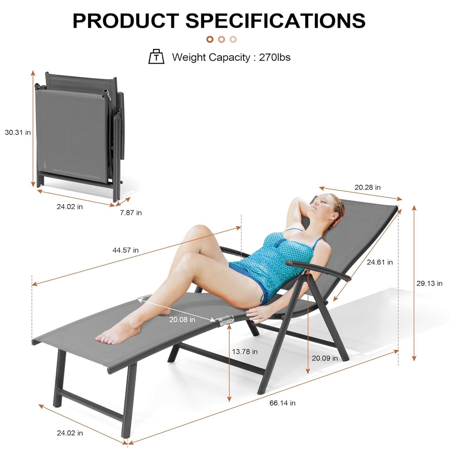 Crestlive Products Outdoor Adjustable Aluminum Patio Folding Chaise Lounge Chair Gray