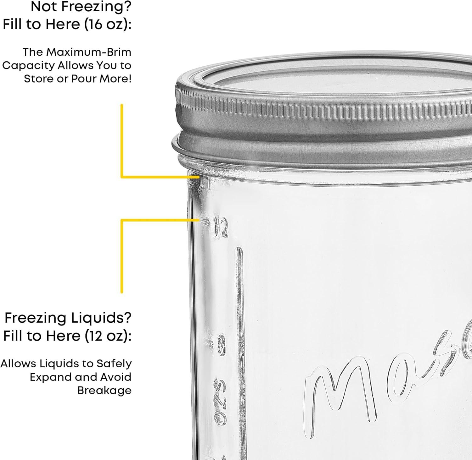 JoyJolt Wide Mason Jars with Airtight Lids, Labels and Measures - 16 oz - Set of 6