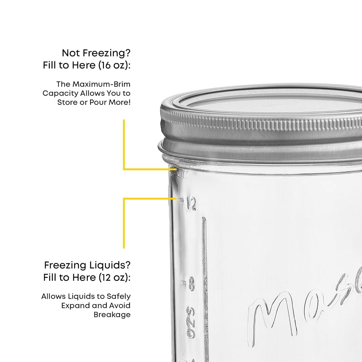 JoyJolt Wide Mason Jars with Airtight Lids, Labels and Measures - 16 oz - Set of 6