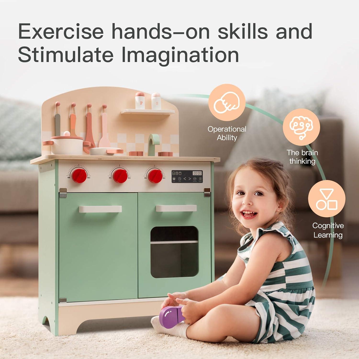 Robud Pretend Play Kitchen Set for Kids,Wooden Kitchen Playset Gift for Toddlers 3+,Green