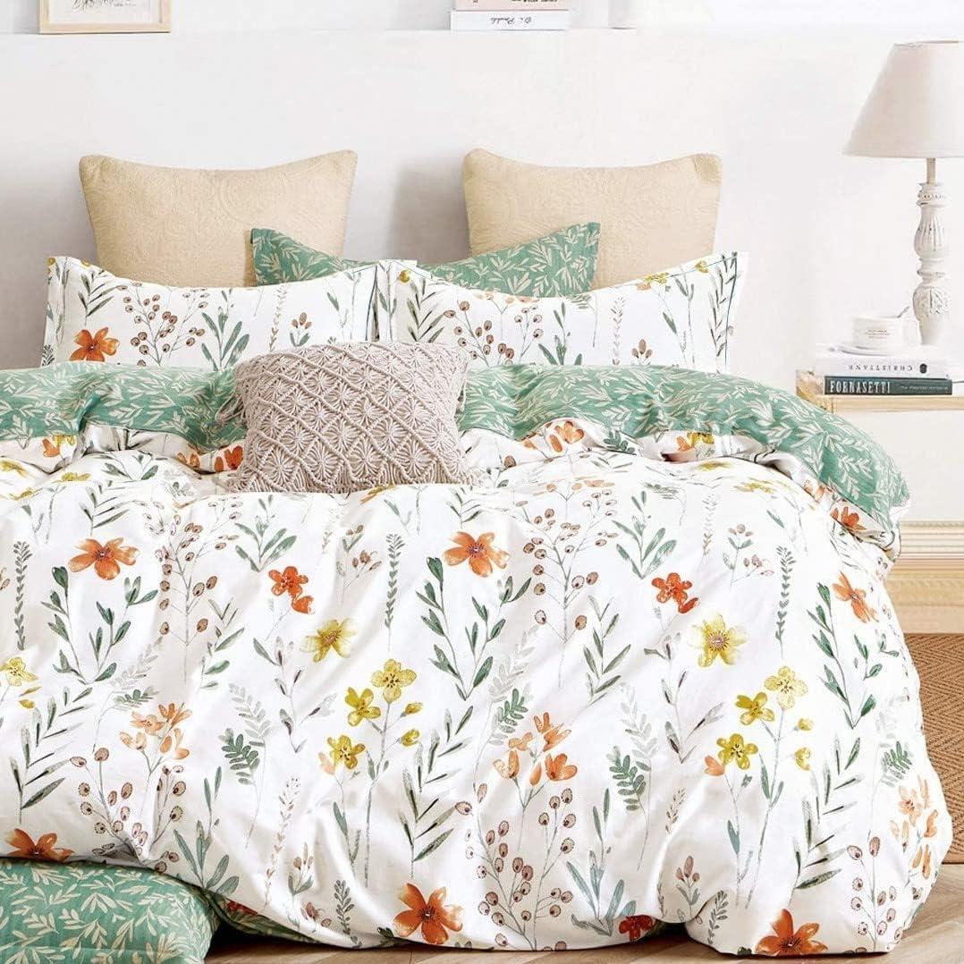 Queen White and Green Floral Reversible Microfiber Comforter Set