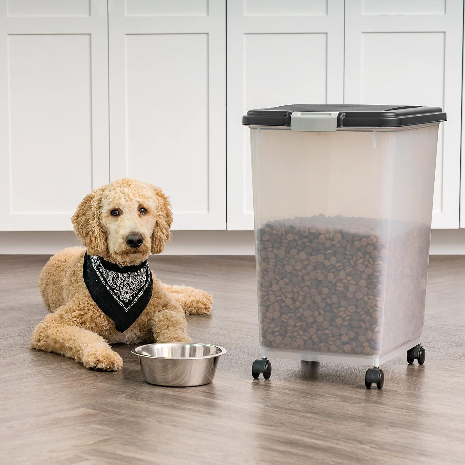 IRIS USA 54 Lbs / 69 Qt WeatherPro Airtight Pet Food Storage Container with Attachable Casters, For Dog Cat Bird and Other Pet Food Storage Bin, Black
