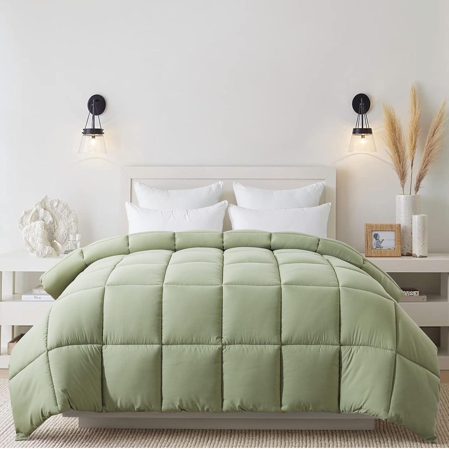 JUSTLET Luxury Solid Down Alternative Machine Washable Sage Green Comforters, Full