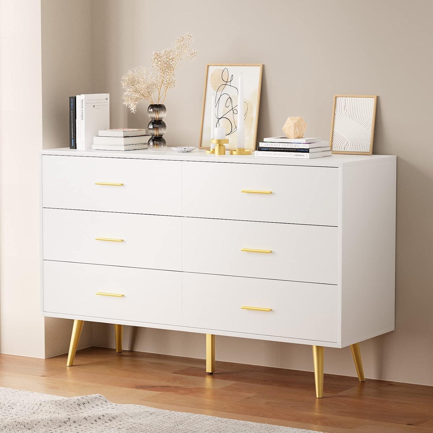 White Dresser with 6 Drawer for Bedroom,  RESOM Modern Chest with Golden Legs & Handles, Wooden Dressers for Living Room, Hallway, Nursery