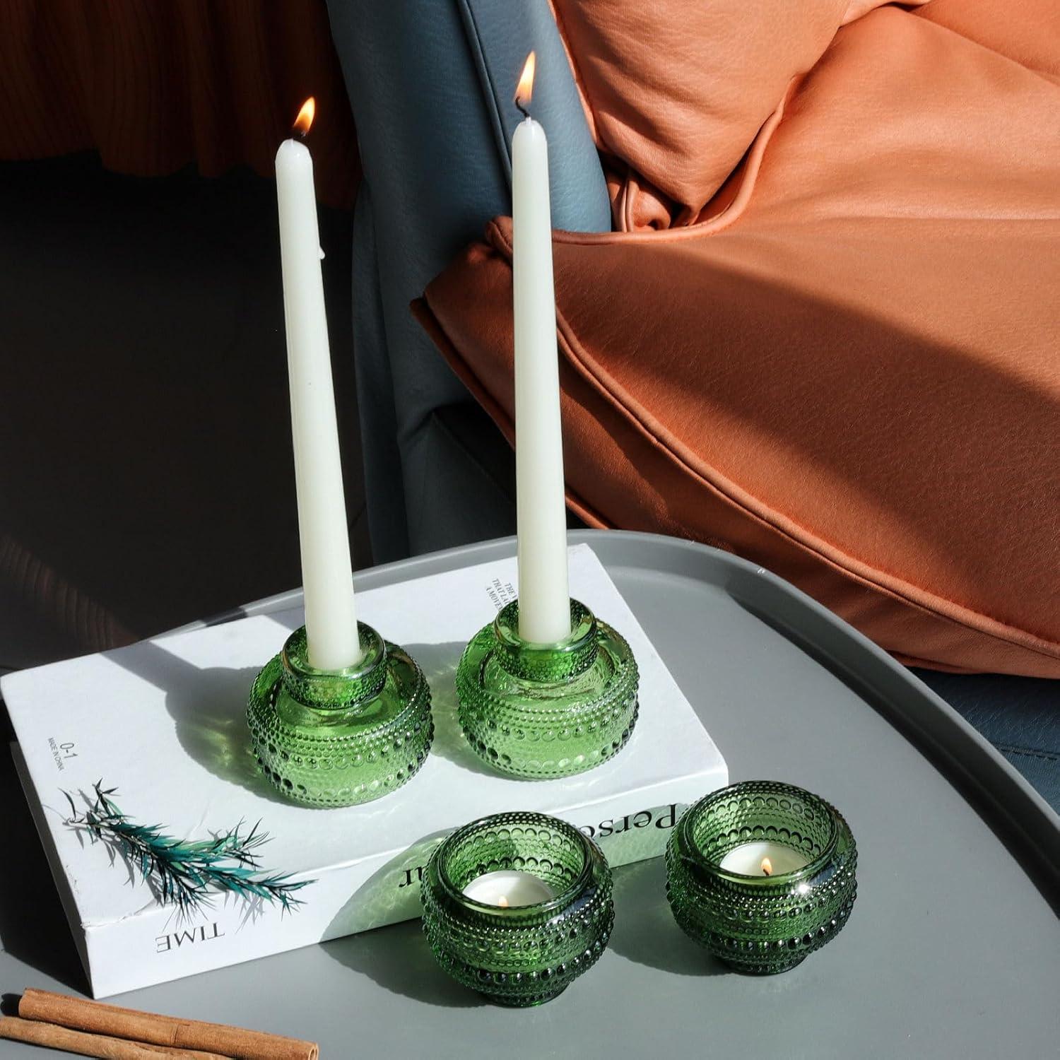 Green Ribbed Glass Reversible Candlestick Holders, Set of 4