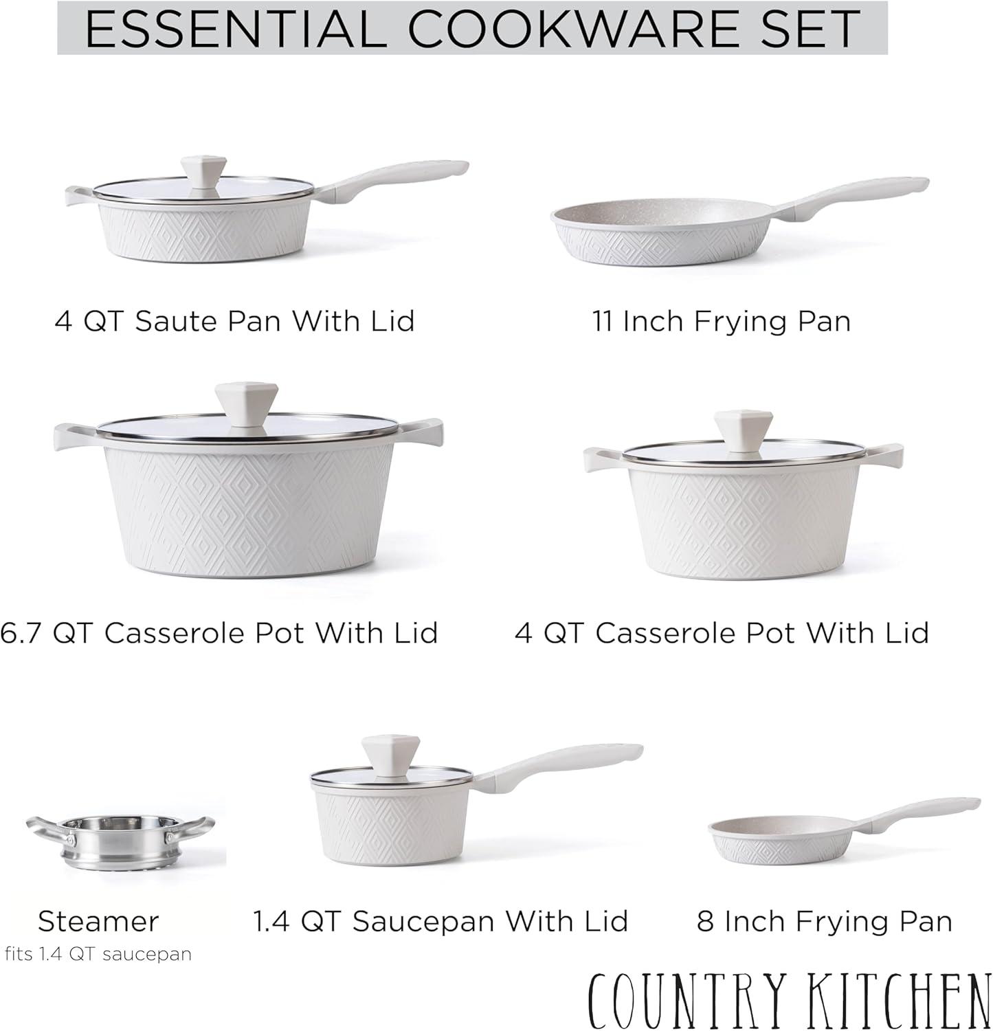 Country Kitchen 11-Pc Cast Aluminum Cookware Set Non Stick Pots and Pan Set, Cream Diamond