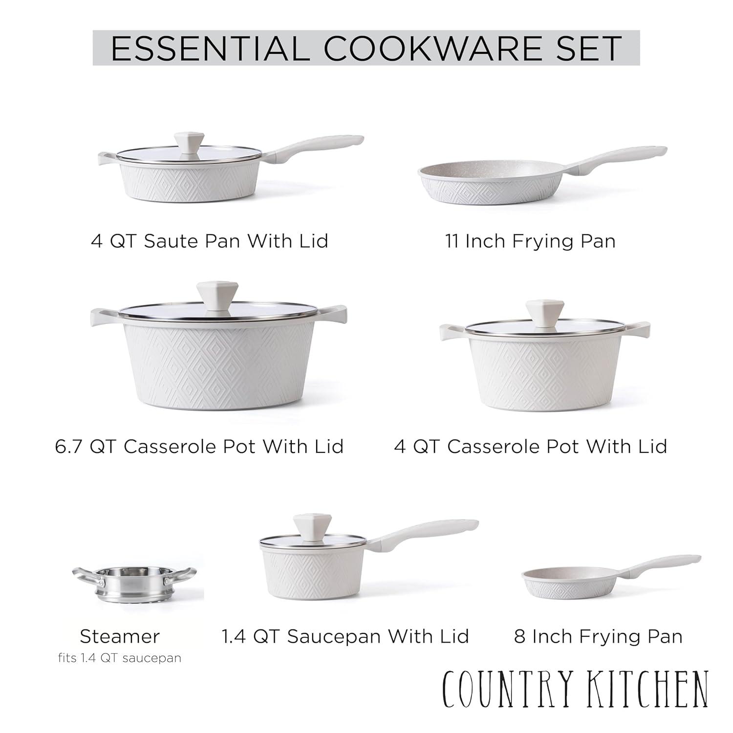 Country Kitchen 11-Pc Cast Aluminum Cookware Set Non Stick Pots and Pan Set, Cream Diamond