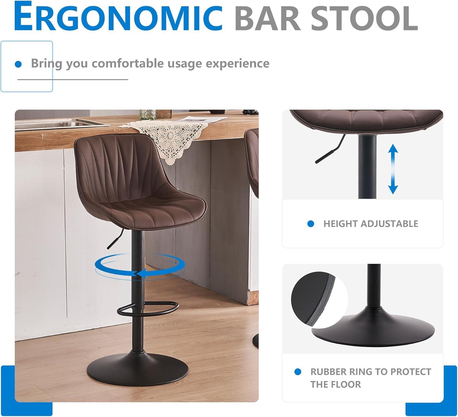 Adjustable Brown Faux Leather Swivel Bar Stools with Metal Base