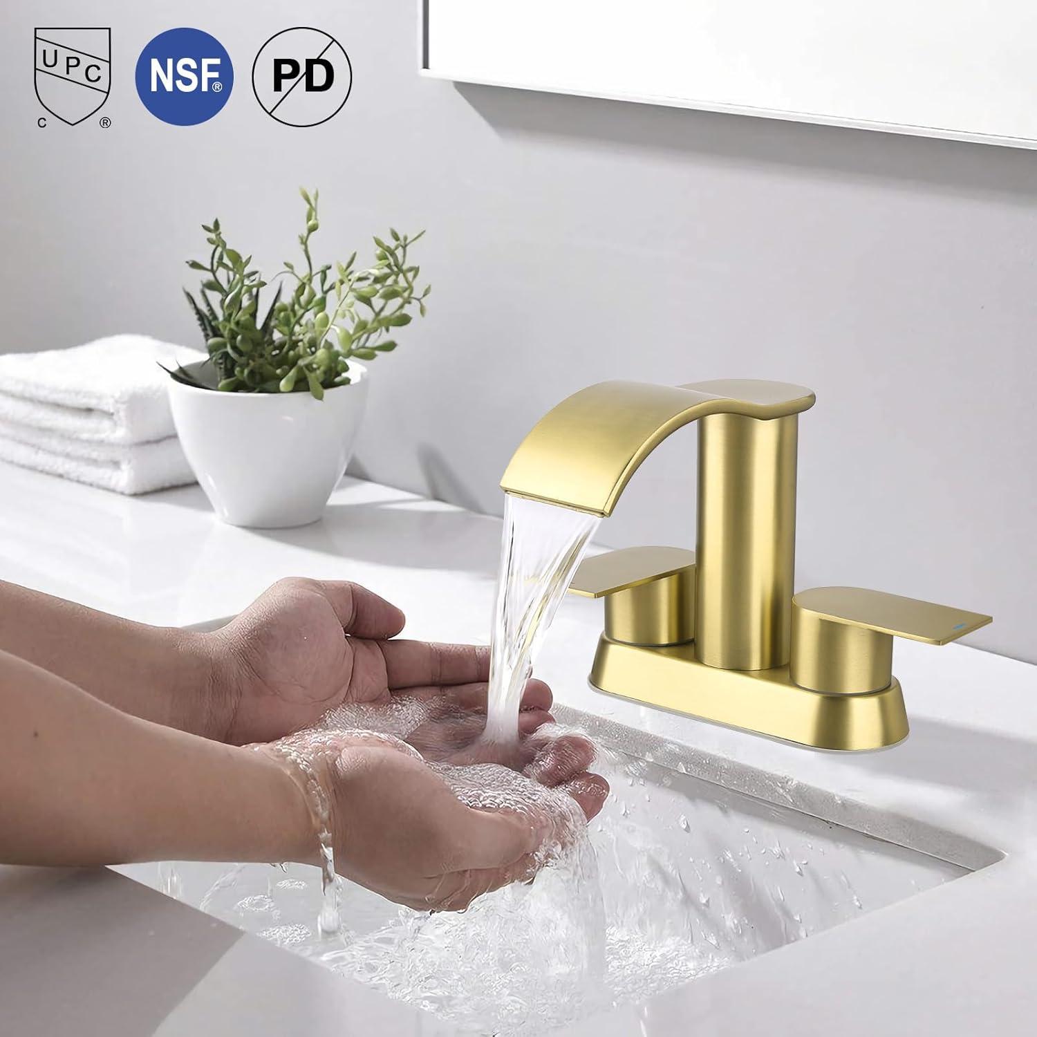 4-inch Centerset Double Handle Waterfall Bathroom Sink Faucet with Pop-up Drain Kit