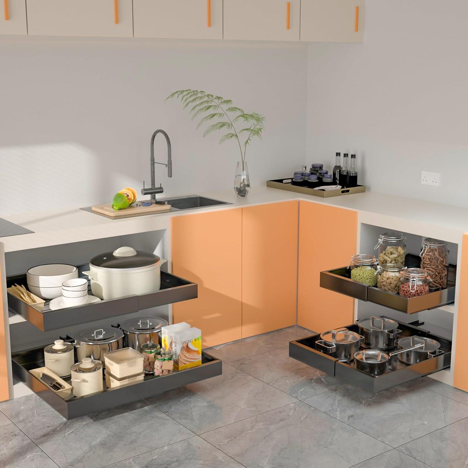 Pull Out Cabinet Organizer 2 pack,Expandable (12.6"-20.4") Pull Out Drawers for Cabinets, Slide Out Cabinet Organizers with Adhesive Nano Film for Kitchen Cabinet Organization