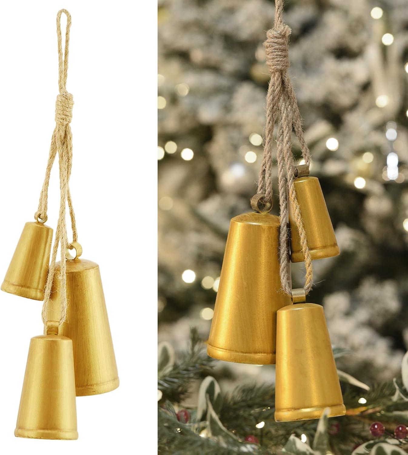 WRKEKC Christmas Decorations Clearance Set Of 3 Christmas Bell Brass Cow Shabby Style Metal Hanging Giant Cow Bells Decor Gold