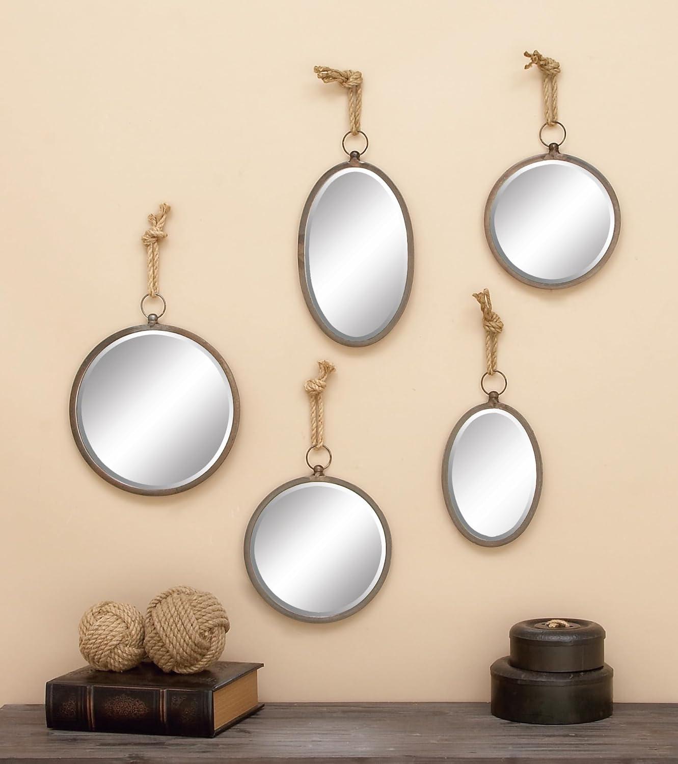 DecMode 22", 22", 20", 19", Gray Wall Mirror with Hanging Rope, Set of 5