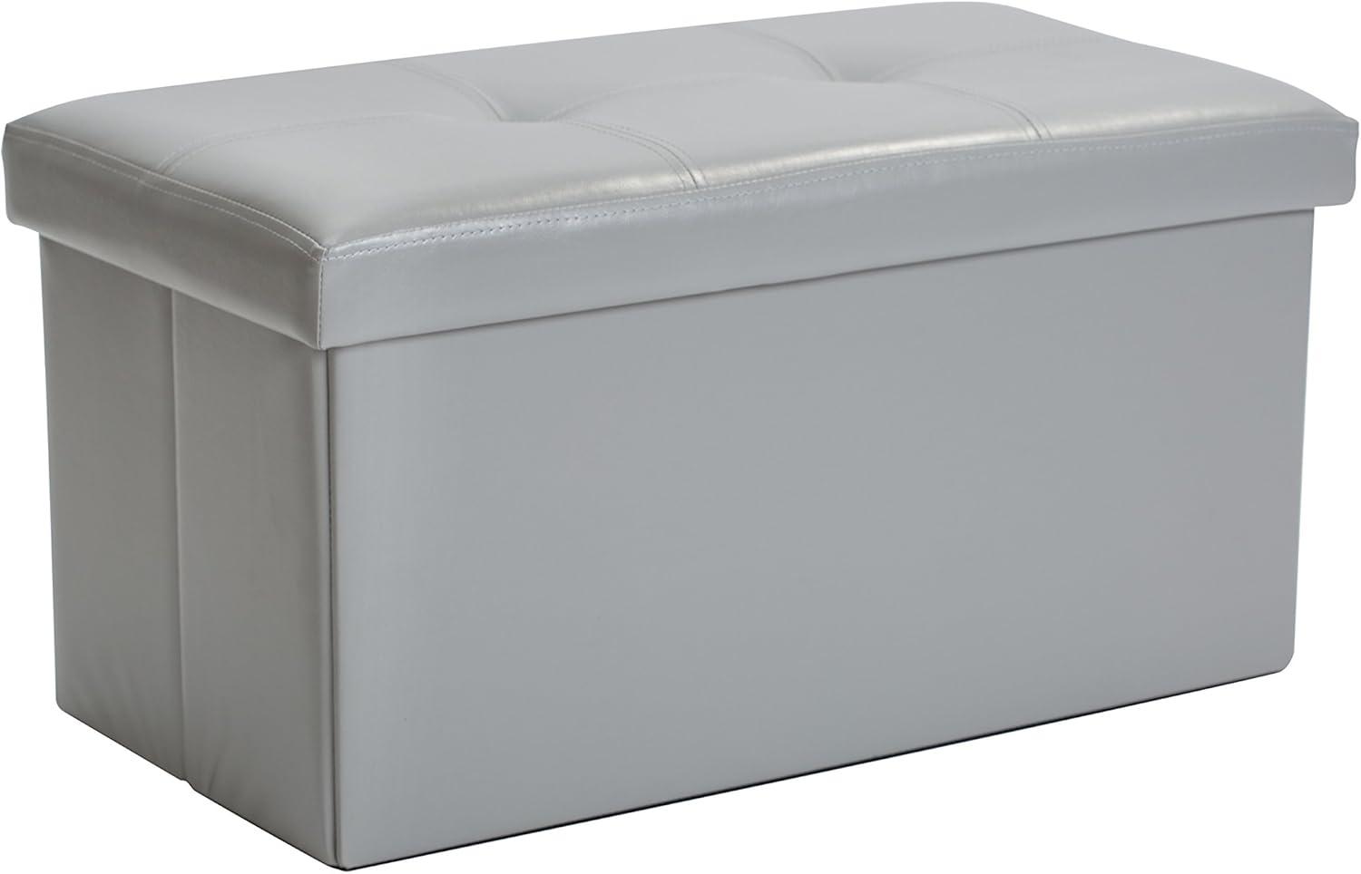 Classic Gray Faux Leather Folding Storage Ottoman Bench