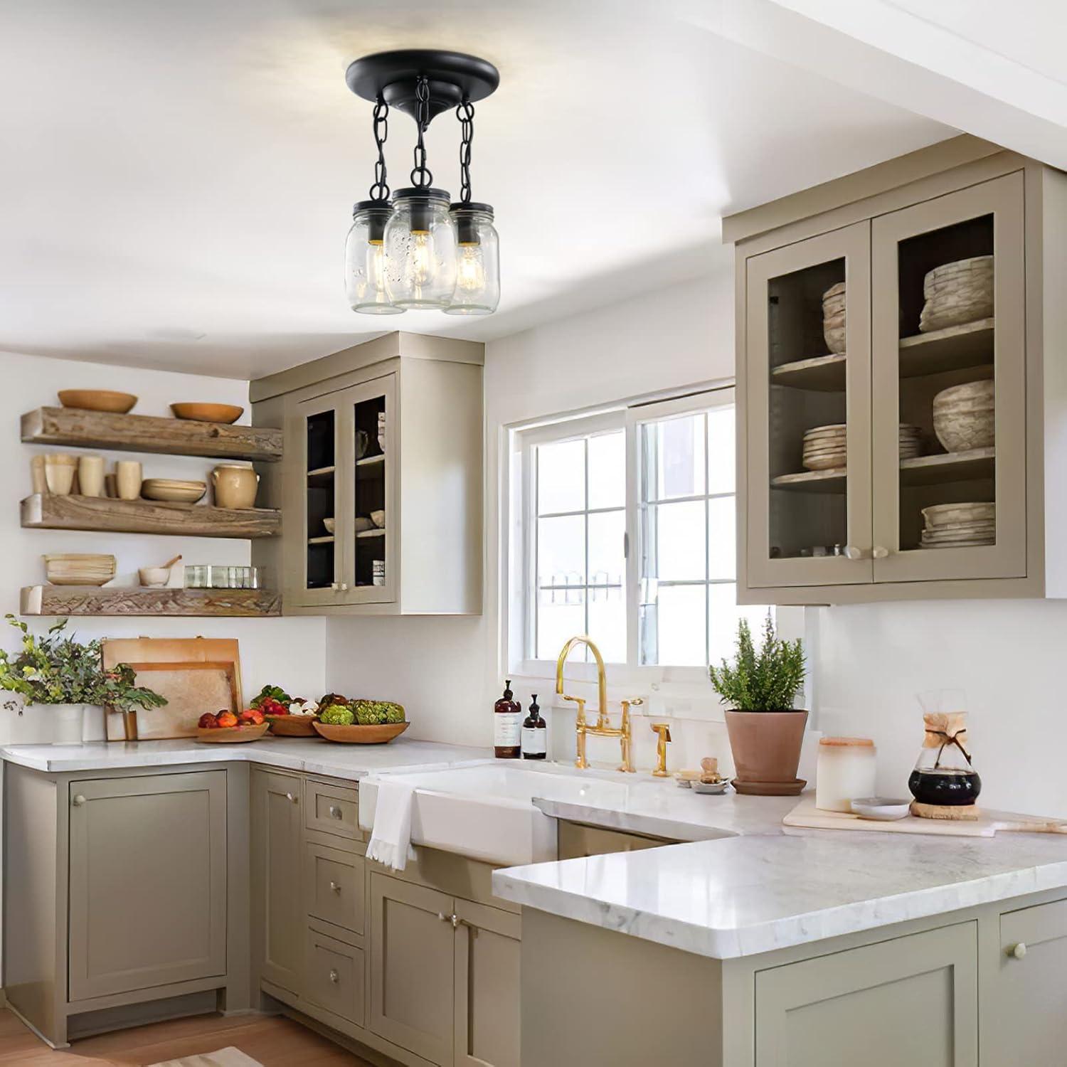 Black Pendant Lights, 3-Light Clear Glass Pendant Lights Kitchen Island, Mason Jar Light Fixtures, Farmhouse Mason Jar Pendant Lighting for Kitchen Dining Room Bedroom Hallway Entryway