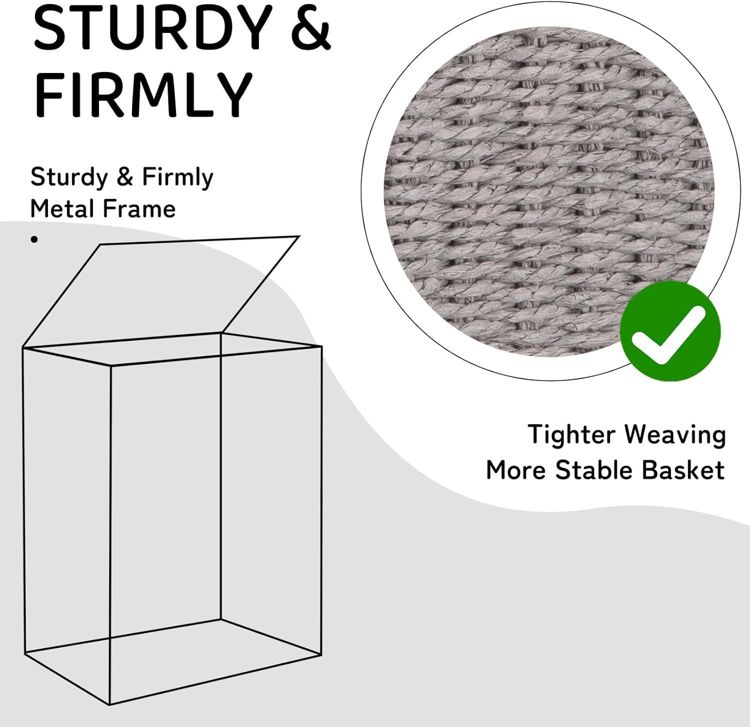 OIAHOMY Laundry Hamper with Lid, 23.8 Gal (90L) Wicker Hamper with Removable Liner Bags, Handwoven Clothes Basket with Handles, Foldable Woven Paper Rope Basket for Laundry Room, Bedroom-Grey