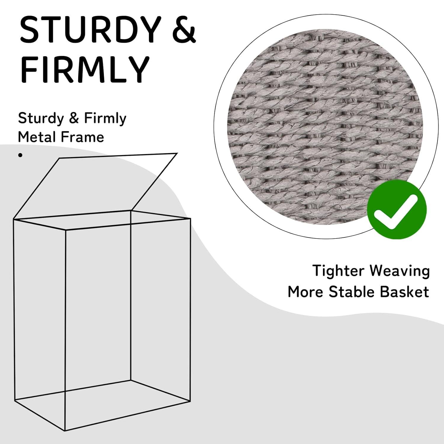 OIAHOMY Laundry Hamper with Lid, 23.8 Gal (90L) Wicker Hamper with Removable Liner Bags, Handwoven Clothes Basket with Handles, Foldable Woven Paper Rope Basket for Laundry Room, Bedroom-Grey