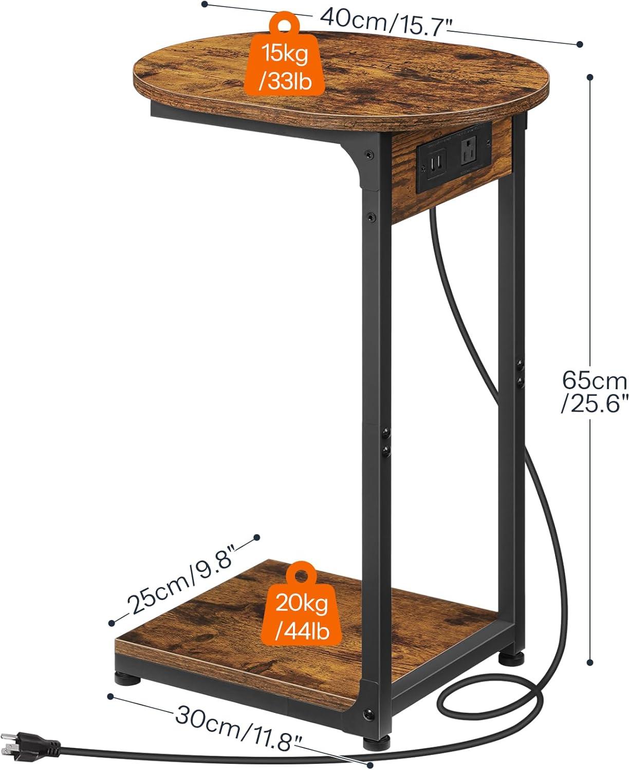 Rustic Brown and Black C-Shaped Side Table with Charging Station