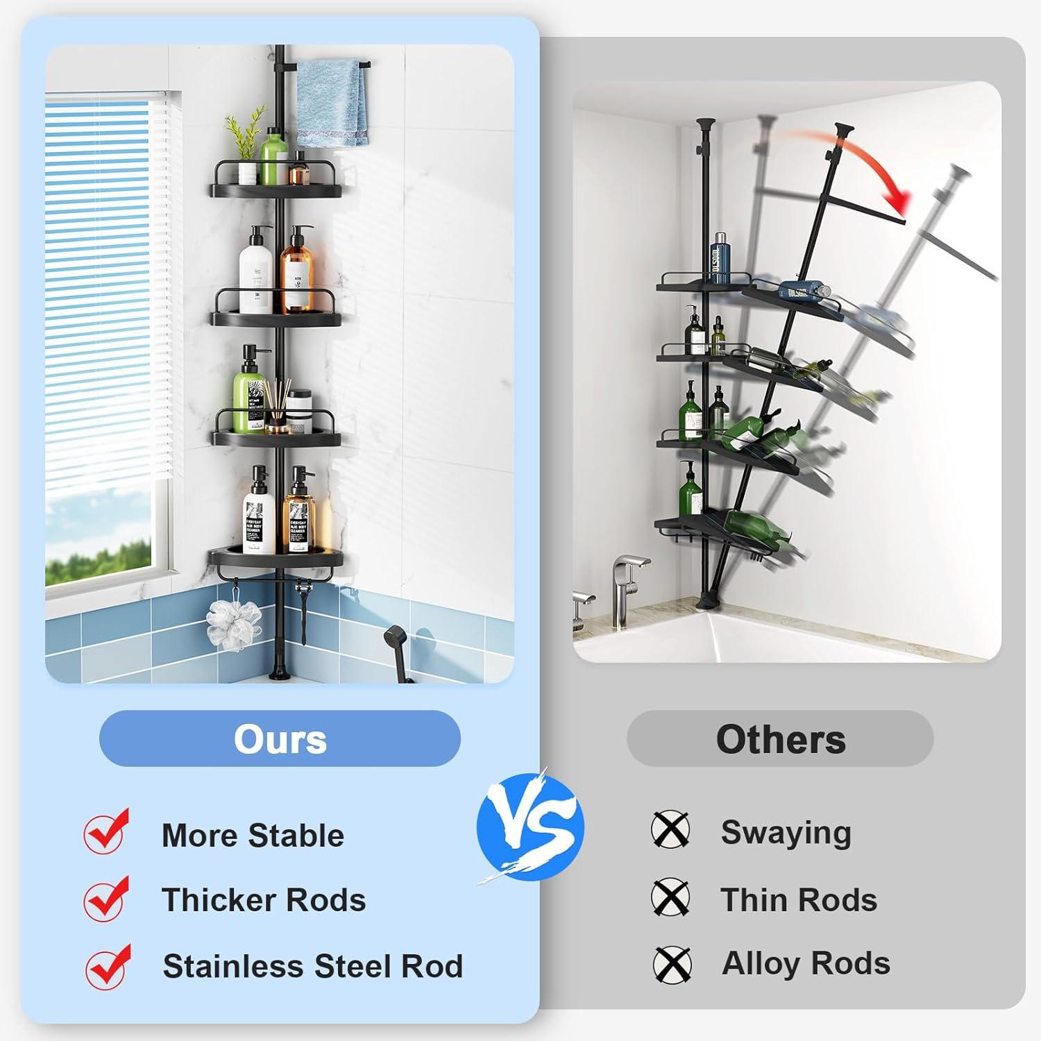 Corner Shower Caddy Tension Pole: Rust Proof 4Tier Shampoo Storage Organizer for Inside Shower - Telescoping Rod Shower Rack for Bathroom and Bathtub - Restroom Floor Standing Bath Rack Holder Black