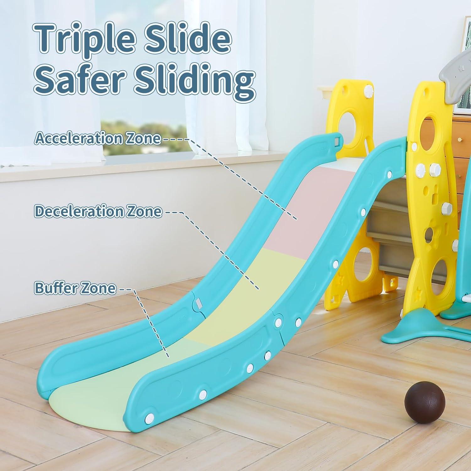 4 in 1 Toddler Slide and Swing Set，Adjustable Height Toddler Playground Slide Playset with Basketball Hoop, Slide and Safety Swing Set for Age 1-12 Years