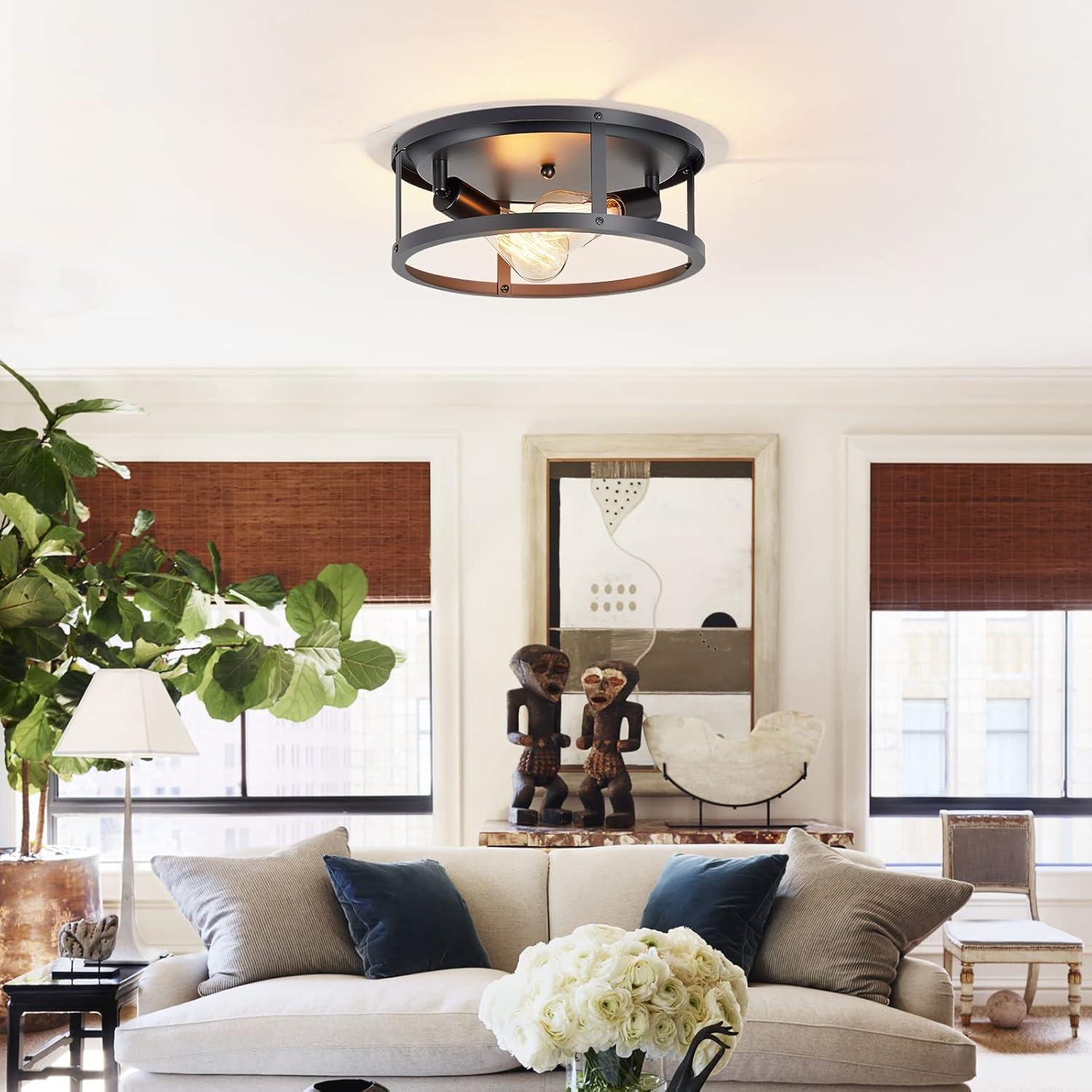2-Light Industrial Flush Mount Ceiling Light Fixture,Black Farmhouse Ceiling Light Fixture,Modern Flush Mount Light Fixture for Kitchen Bedroom Living Room Hallway 2 Pack