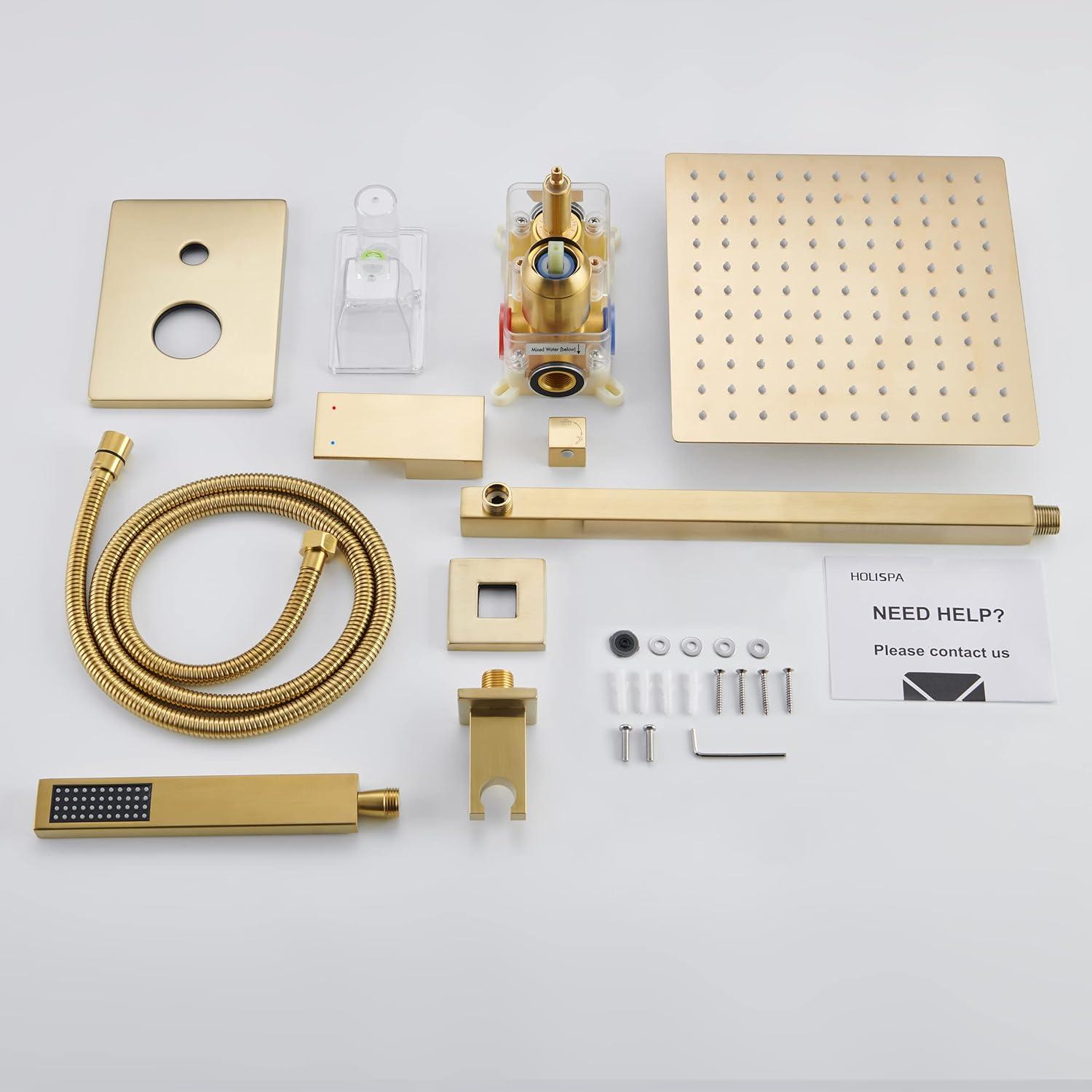 Shower system, 12" (approx. 30.5 cm) rain shower head and handheld spray bathroom shower unit with brass valve and wall trim kit Gold