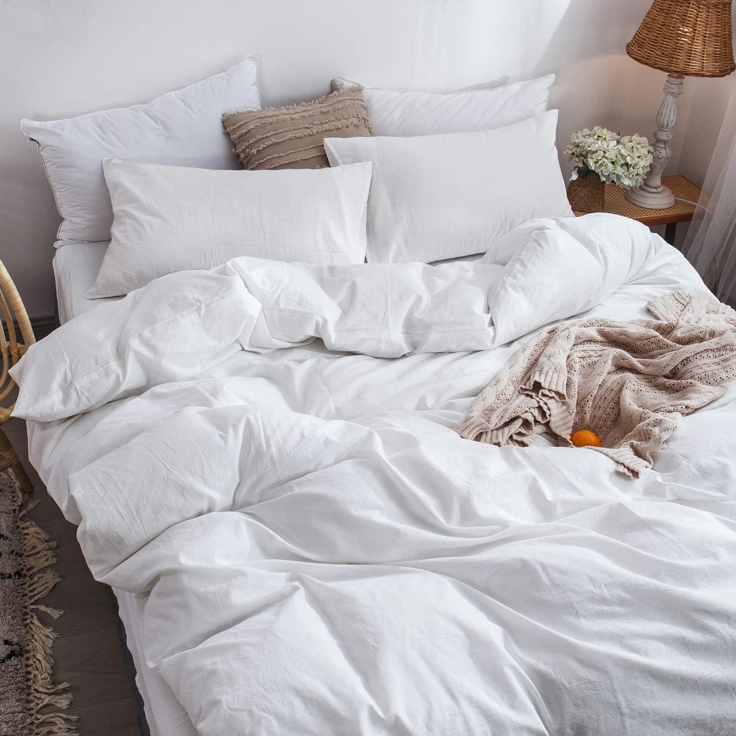QUALITY FLOORING INC. Bedding Duvet Cover Set 100% Washed Cotton Linen Like Textured Breathable Durable Soft Comfy (Off White, King)