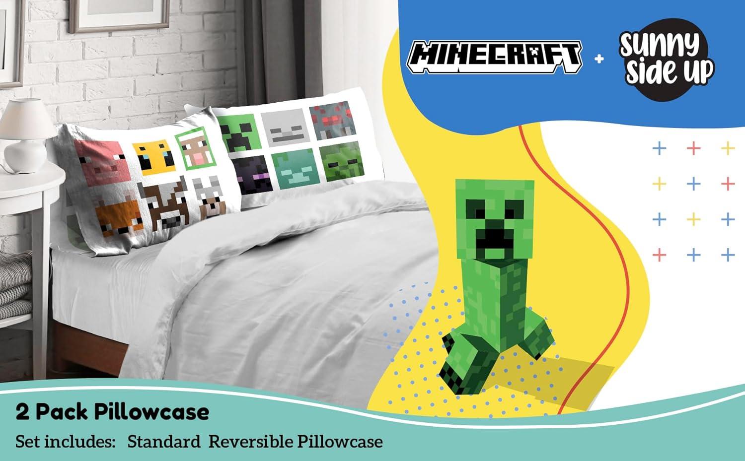 Sunny Side Up Minecraft Mobs & Animals 2 Pack Reversible Pillowcases - Double Sided Pillow Covers, Kids Super Soft Creeper Bedding