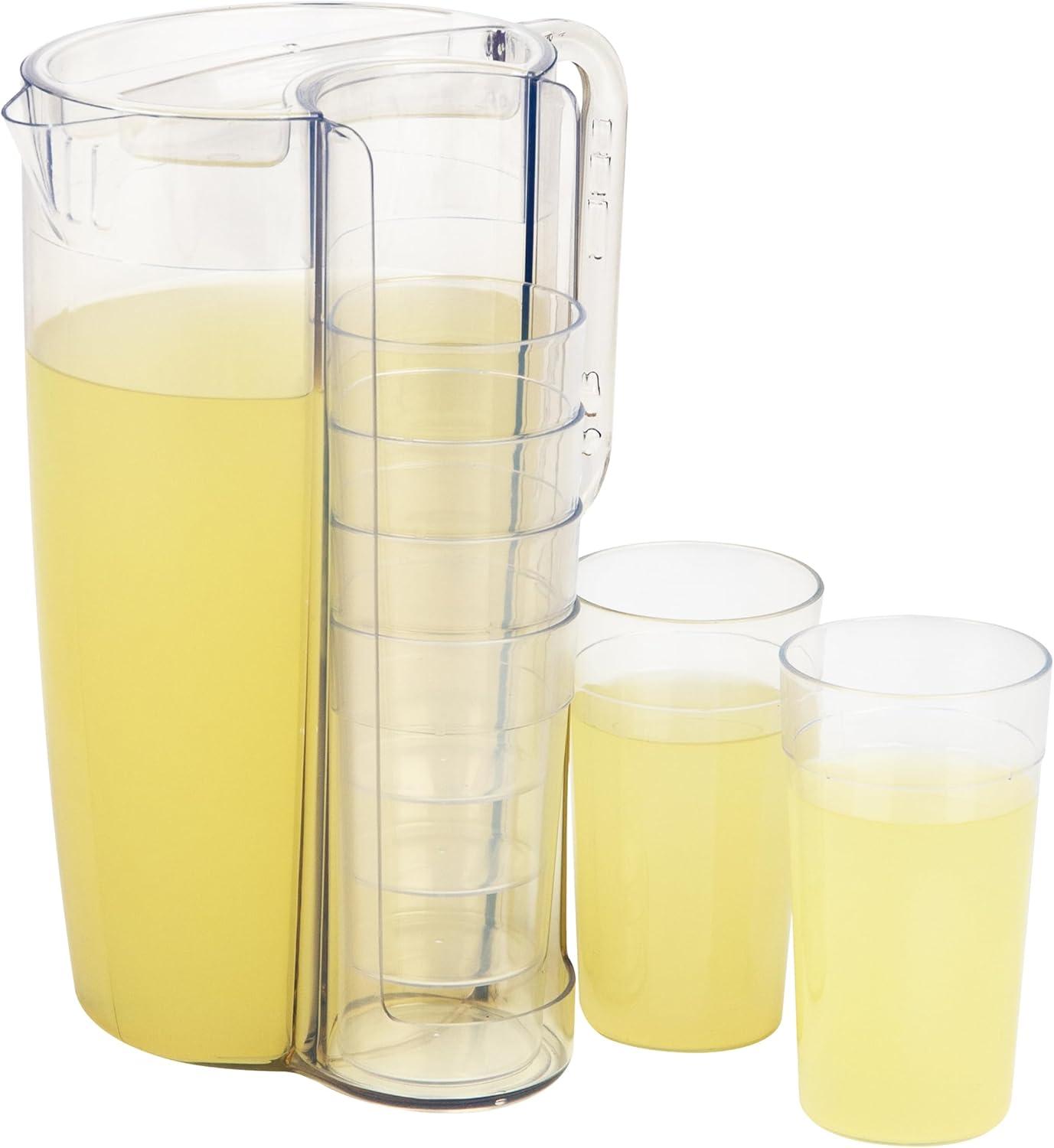 Mind Reader Pitcher and Cup Set, 8 Cups, Drink Pitcher with Lid, Glass Storage, Serving Set, 6.5"L x 6.5"W x 10.5"H, Clear