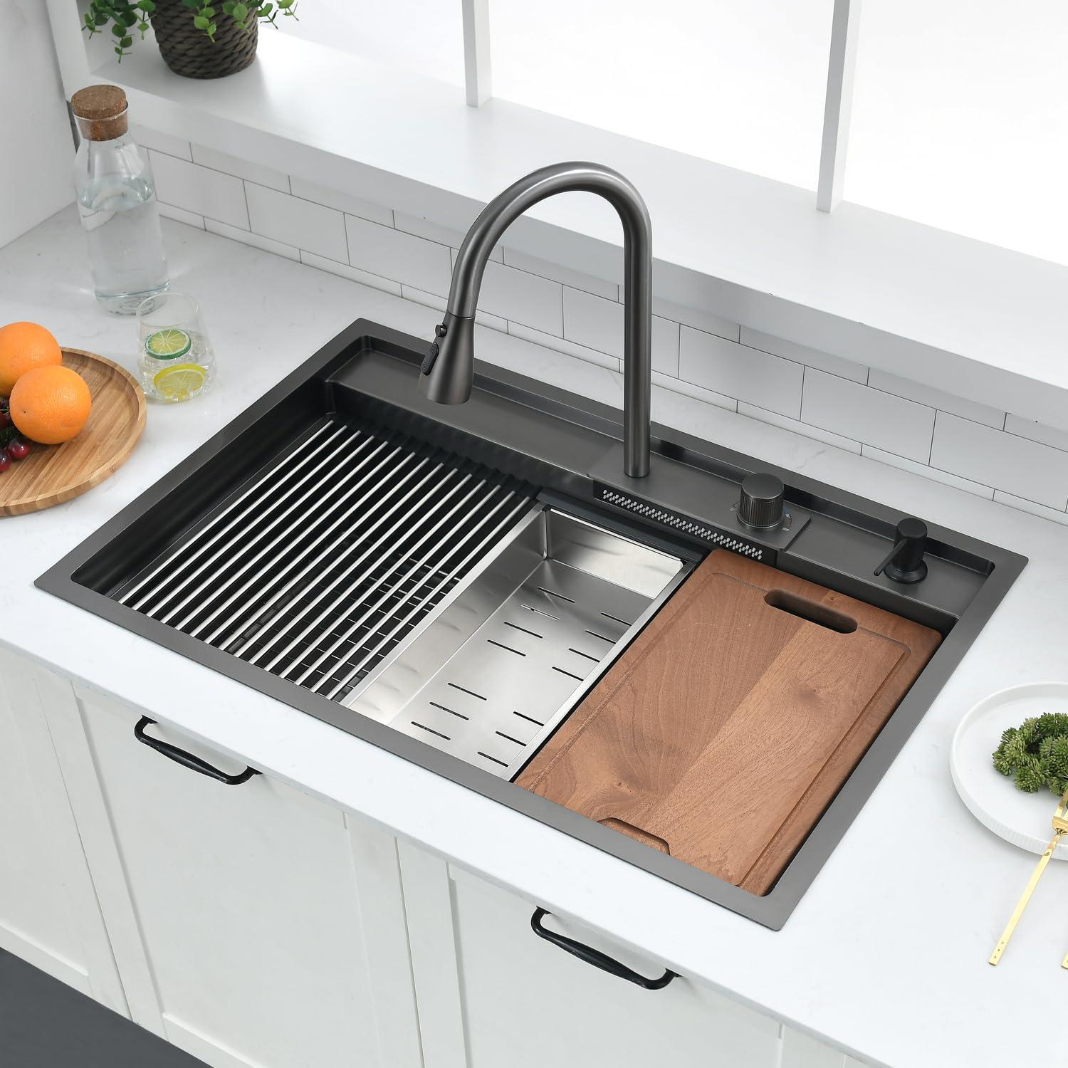 33 Inch Black Waterfall Drop In Kitchen Sink Workstation - VOKIM 33x22-Inch Drop In Sink Splash Guard Stainless Steel 16 Gauge 10'' Single Bowl sink Top Loading Flying Rain pull faucet