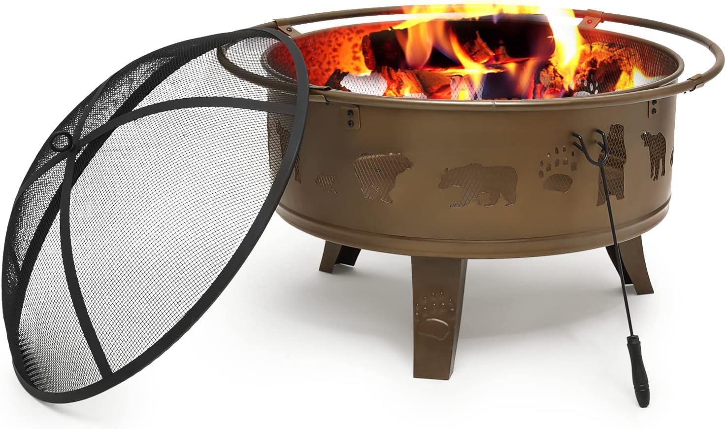 32" Iron Wood Burning Firepit, Outdoor Fire Pit With Poker & Spark Screen For Backyard Balcony