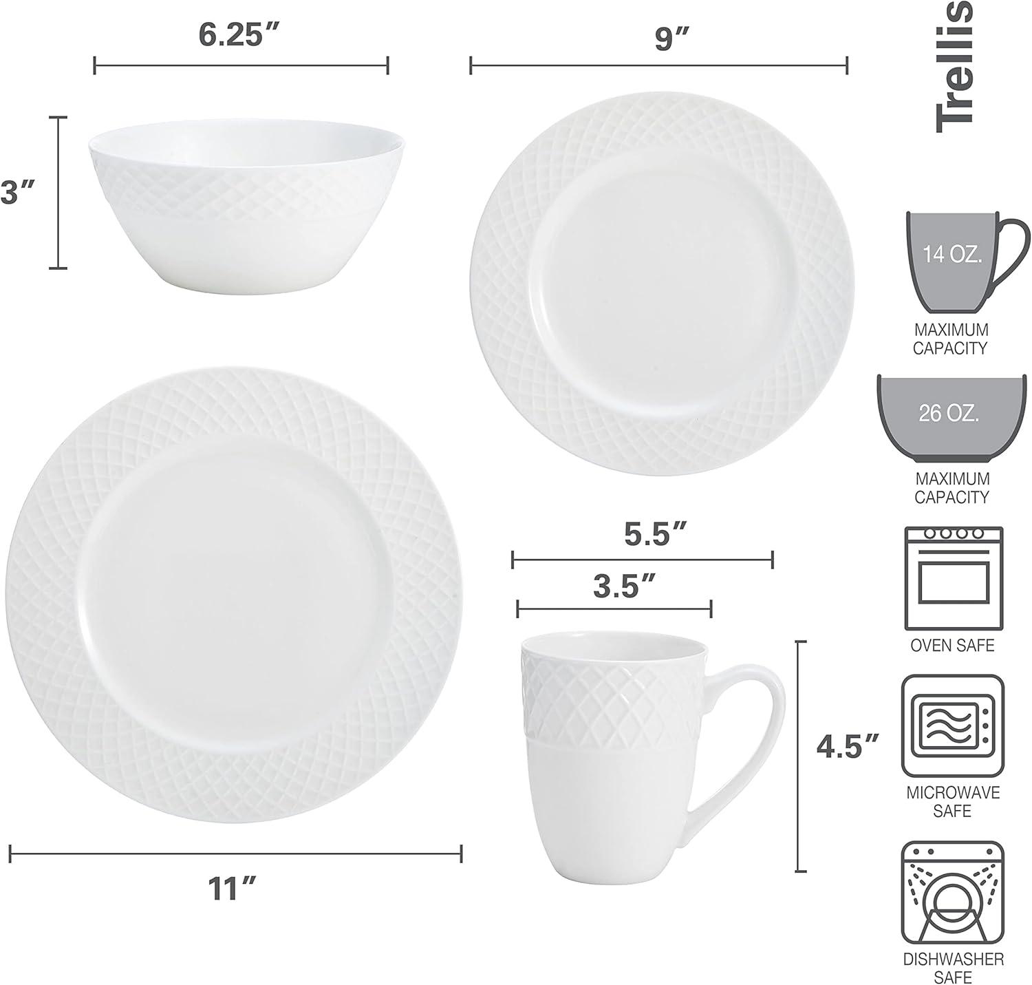 White Porcelain Trellis 16-Piece Dinnerware Set, Service for 4