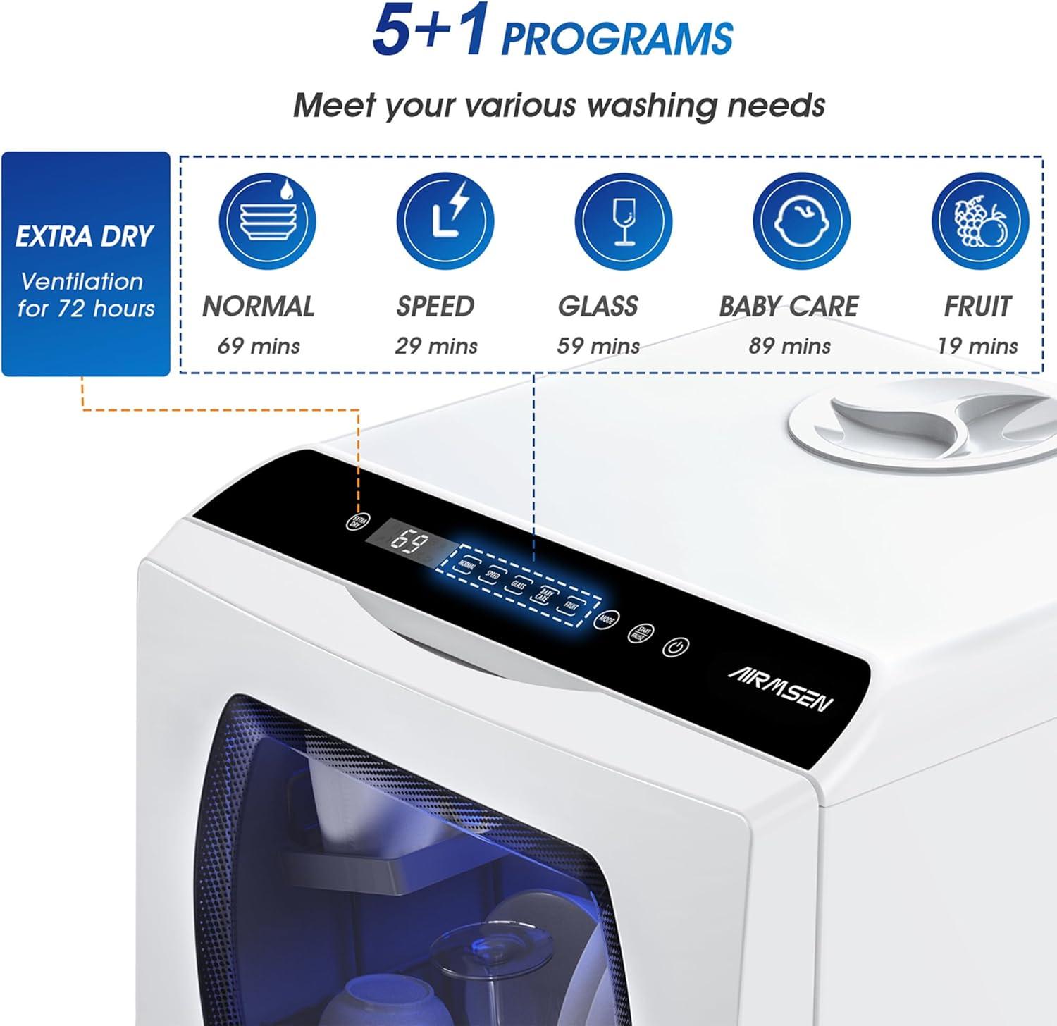 AIRMSEN Portable Countertop Dishwashers, 5 Washing Programs Mini Dishwashers with 5 L Built-in Water Tank and Double-layered Glass Door, No Hookup Needed for Home, Apartments & RVs